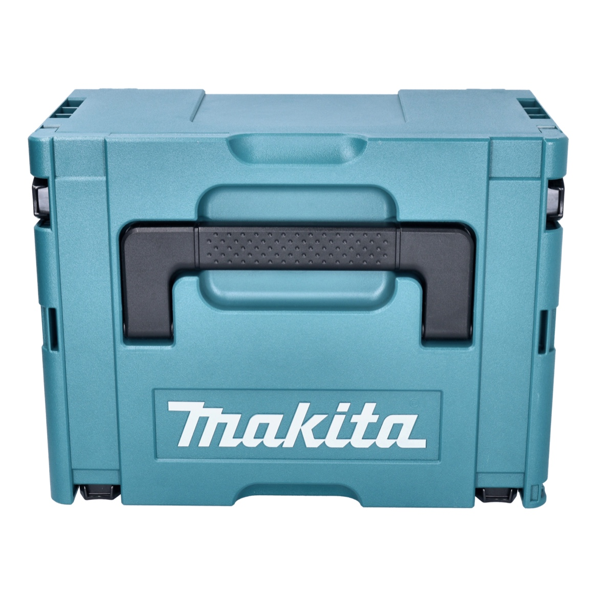 Eine türkisfarbene Makita-Werkzeugbox mit schwarzem Griff. Das Makita-Logo ist deutlich auf der Vorderseite zu sehen. Der Hintergrund ist weiß.