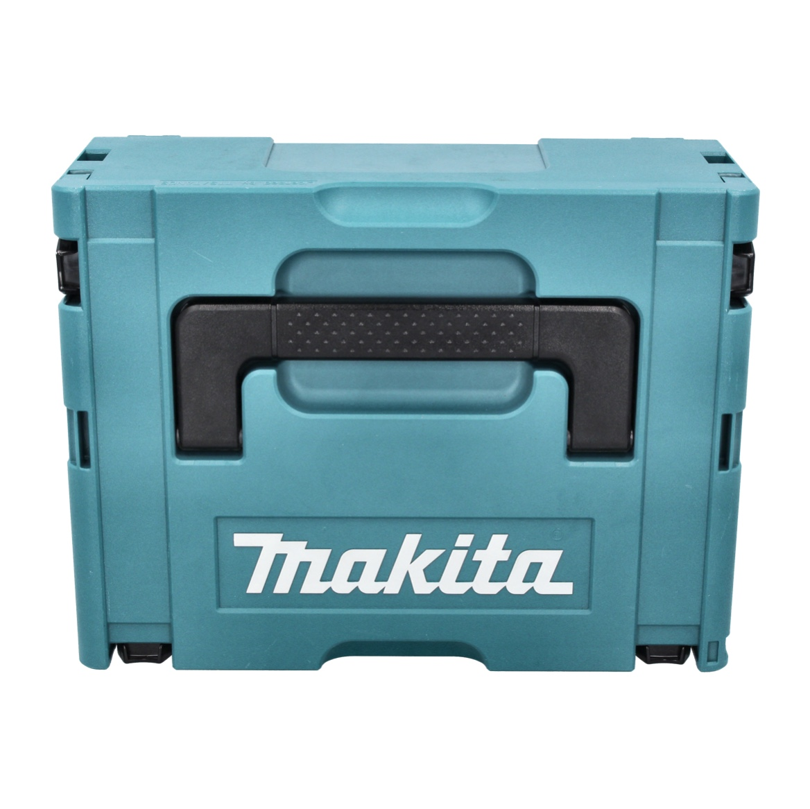 Eine türkisfarbene Makita-Werkzeugkiste mit schwarzem Griff. Das Makita-Logo ist weiß. Die Box ist rechteckig mit schwarzen Scharnieren.