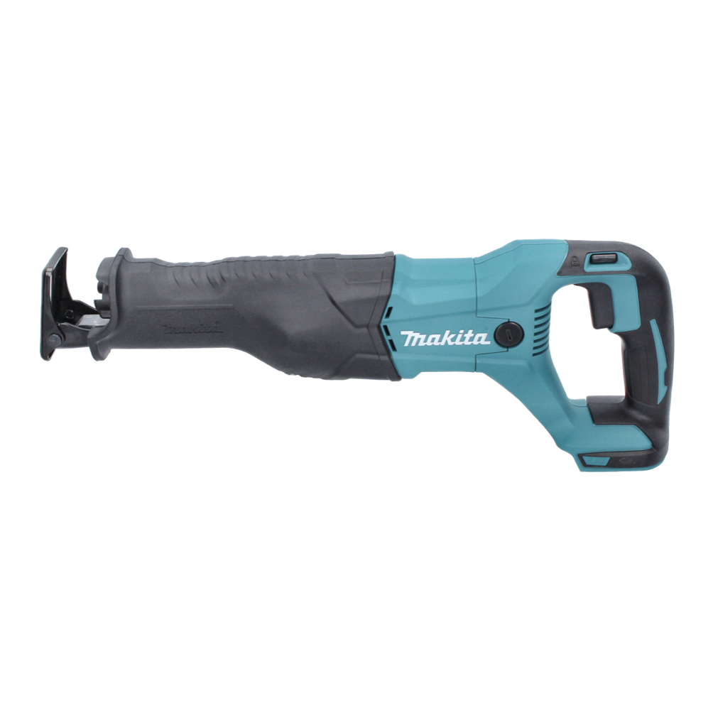Eine türkisfarbene und schwarze Makita Säbelsäge auf weißem Hintergrund. Die Säge ist angewinkelt und zeigt das Makita-Logo.