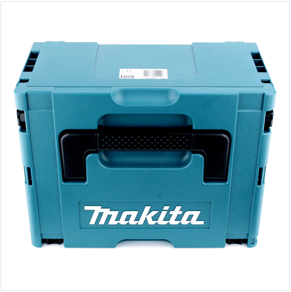 Eine türkisfarbene Makita-Werkzeugkiste. Sie hat einen schwarzen Griff und ein Logo. Die Kiste steht auf einer weißen Oberfläche.
