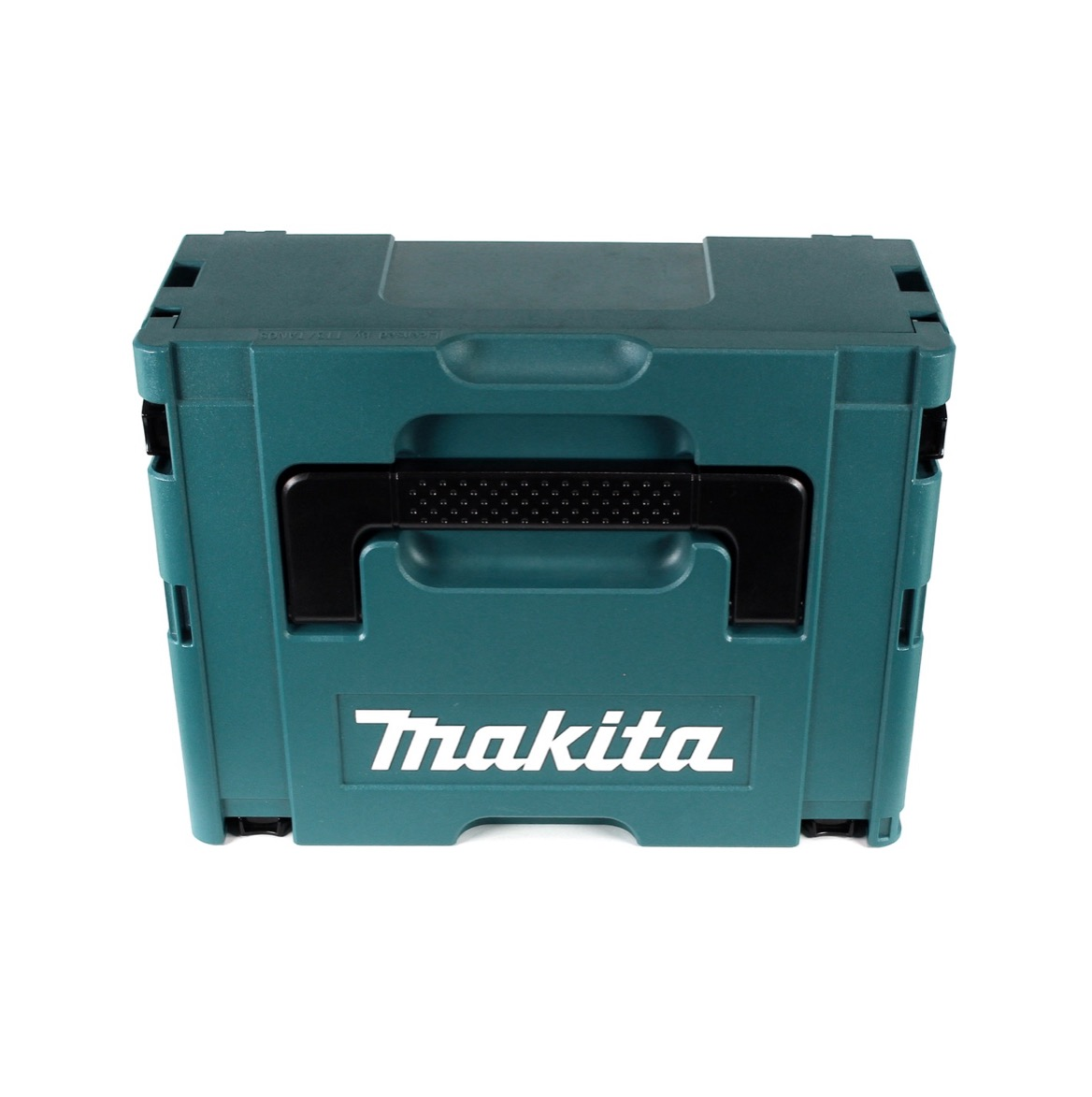Eine teal Makita-Werkzeugkiste mit schwarzem Griff und weißem Logo auf weißem Hintergrund.