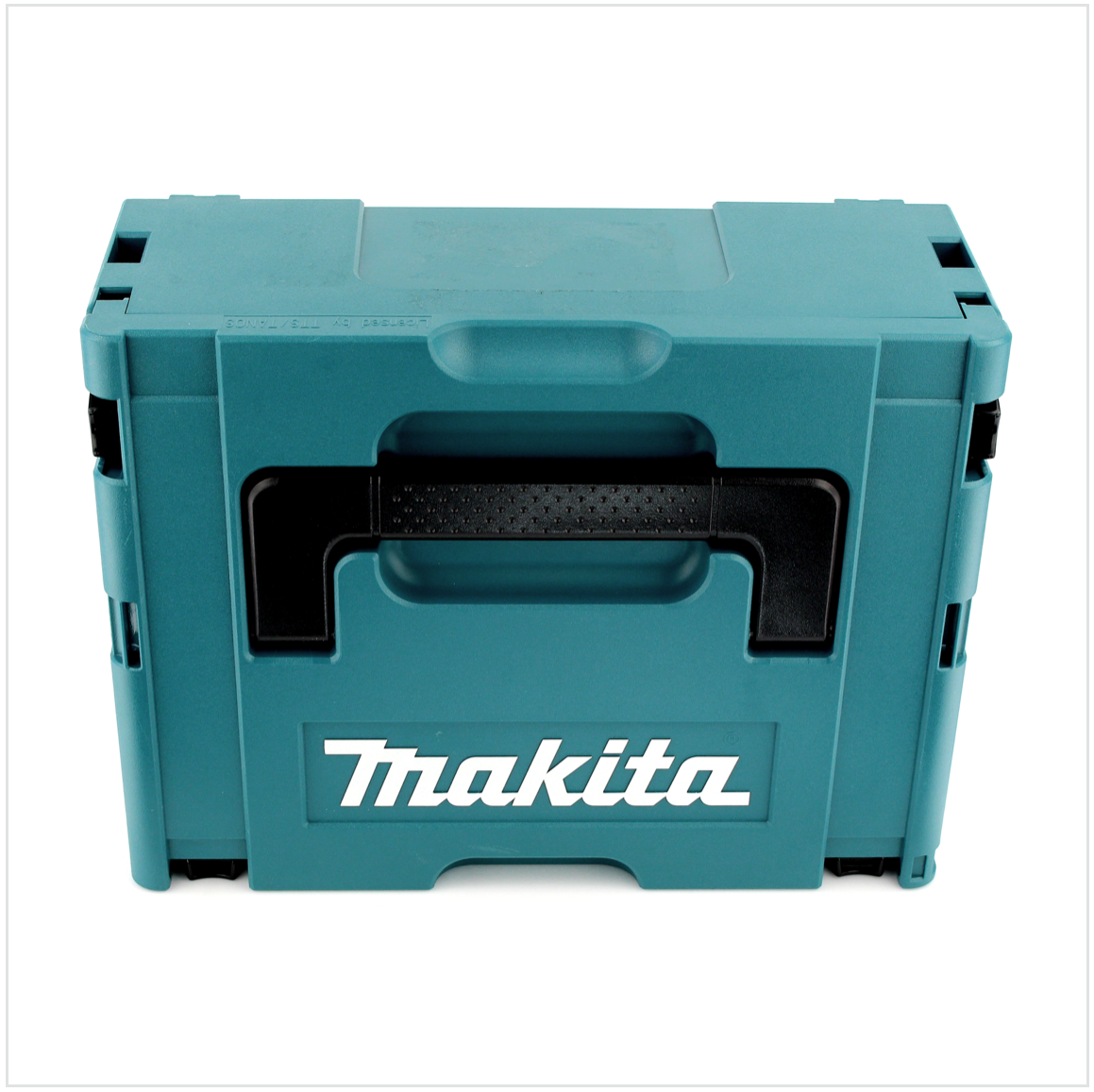 Eine türkisfarbene Makita-Werkzeugkiste mit schwarzem Griff und Makita-Logo. Sie steht vor weißem Hintergrund, Frontansicht.