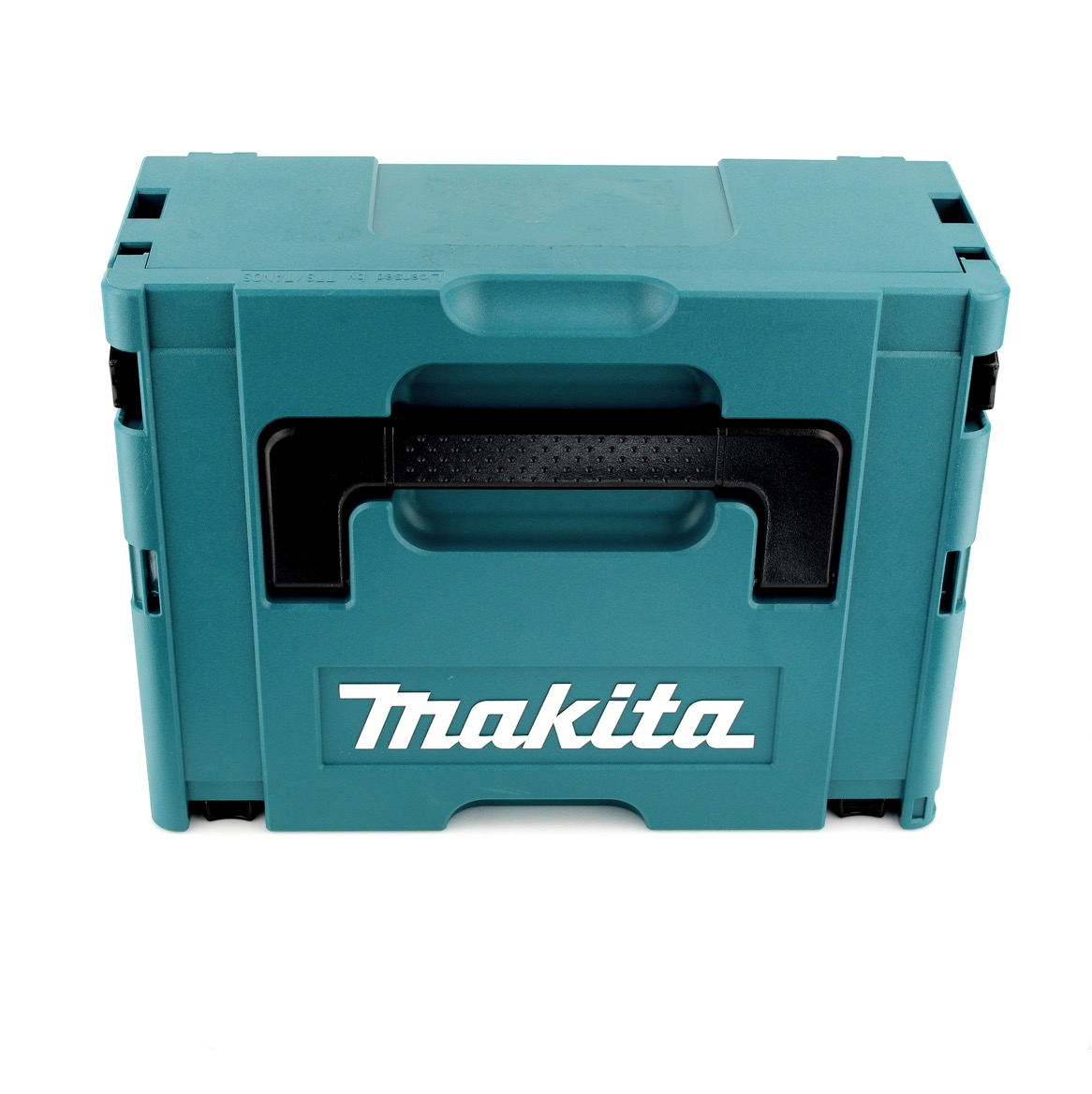 Eine teal Makita-Werkzeugkiste mit schwarzem Griff und Makita-Logo. Die Box ist geschlossen und vor weißem Hintergrund.