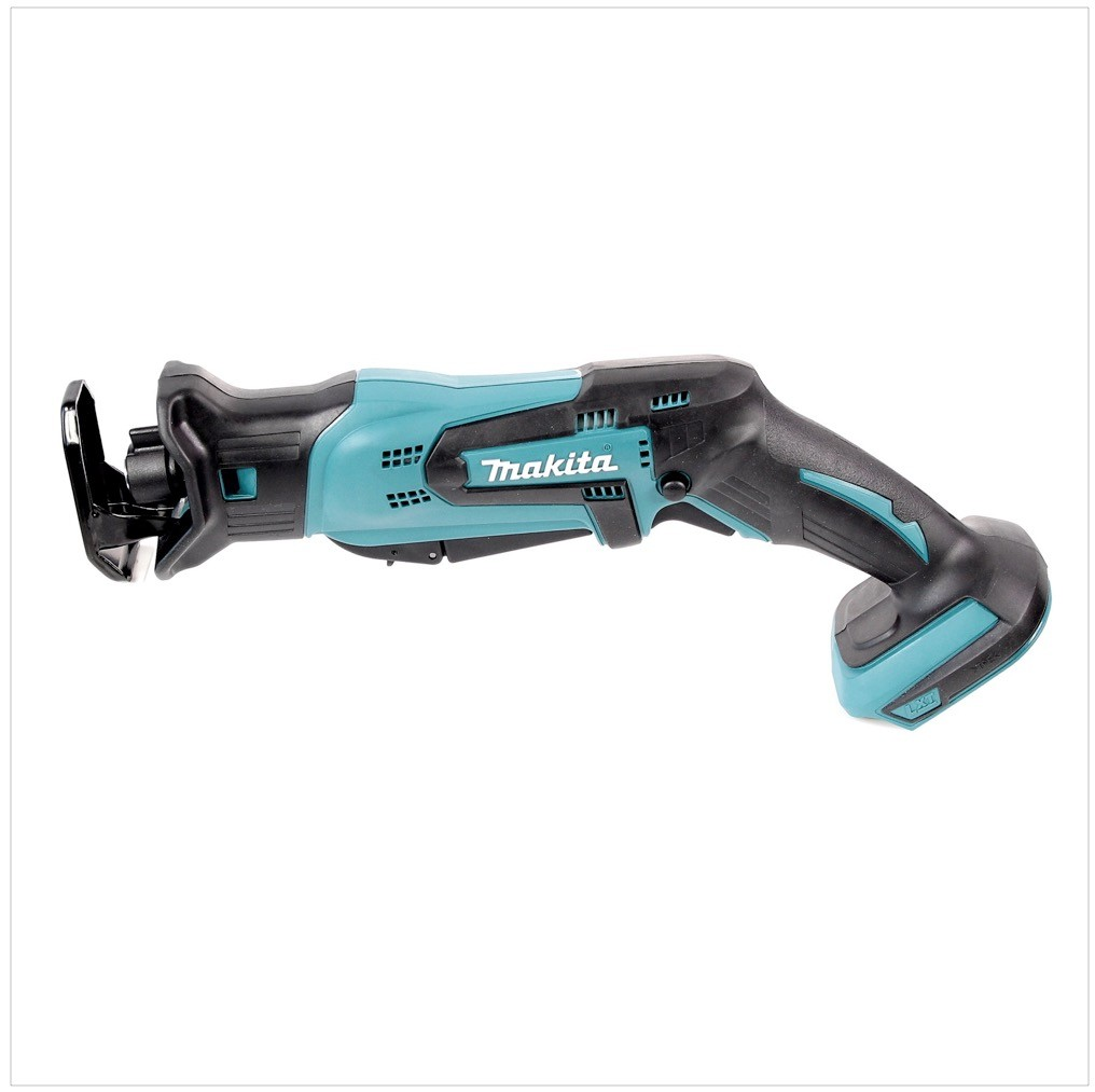 Eine kabellose Makita-Säbelsäge. Das Werkzeug ist schwarz und teal mit dem Makita-Logo. Es hat einen gebogenen Griff und eine Klinge.