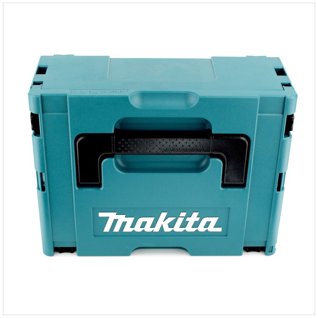 Eine türkisfarbene Makita-Werkzeugkiste mit schwarzem Griff und Logo. Die Werkzeugkiste ist geschlossen und auf weißem Hintergrund.