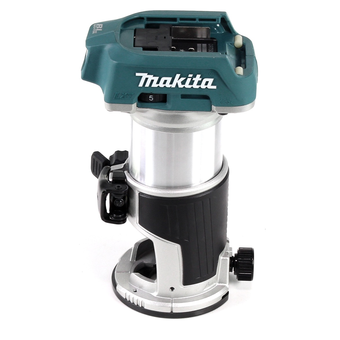 Ein Elektrowerkzeug von Makita. Es hat einen tealfarbenen Deckel mit dem Makita-Logo und einen silbernen und schwarzen Körper.