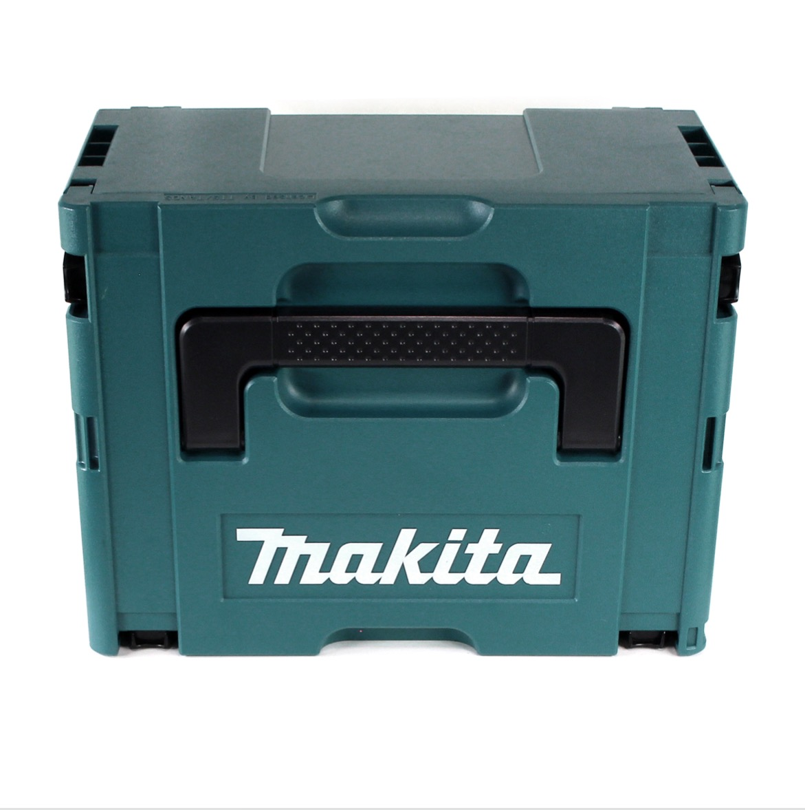 Eine teal Makita Werkzeugkiste mit schwarzem Griff. Das Makita-Logo ist weiß. Der Hintergrund ist weiß.