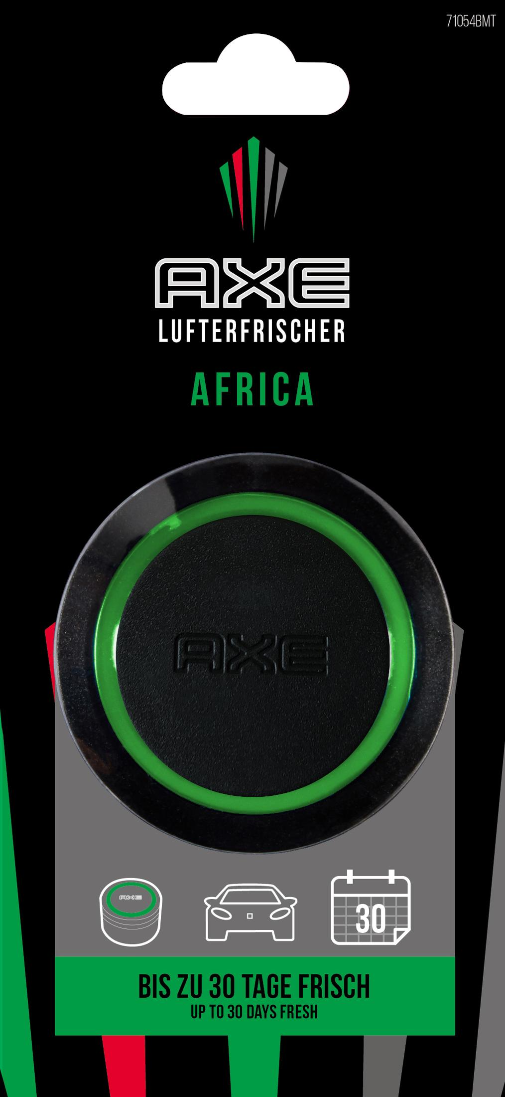 Axe-Lufterfrischer für Autos mit dem Wort Afrika, schwarzem und grünem Design und 30 Tage frisch.