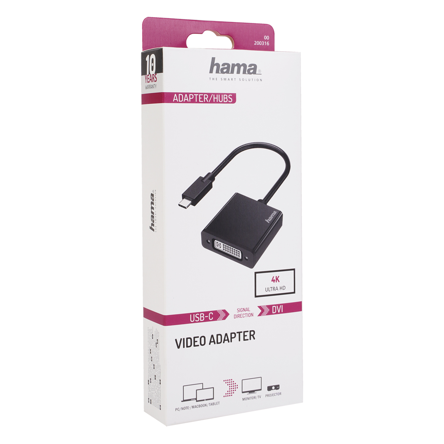 Eine weiße Box mit einem schwarzen Videoadapter. Der Adapter hat USB-C-Eingang und DVI-Ausgang, mit 4K Ultra HD-Unterstützung.