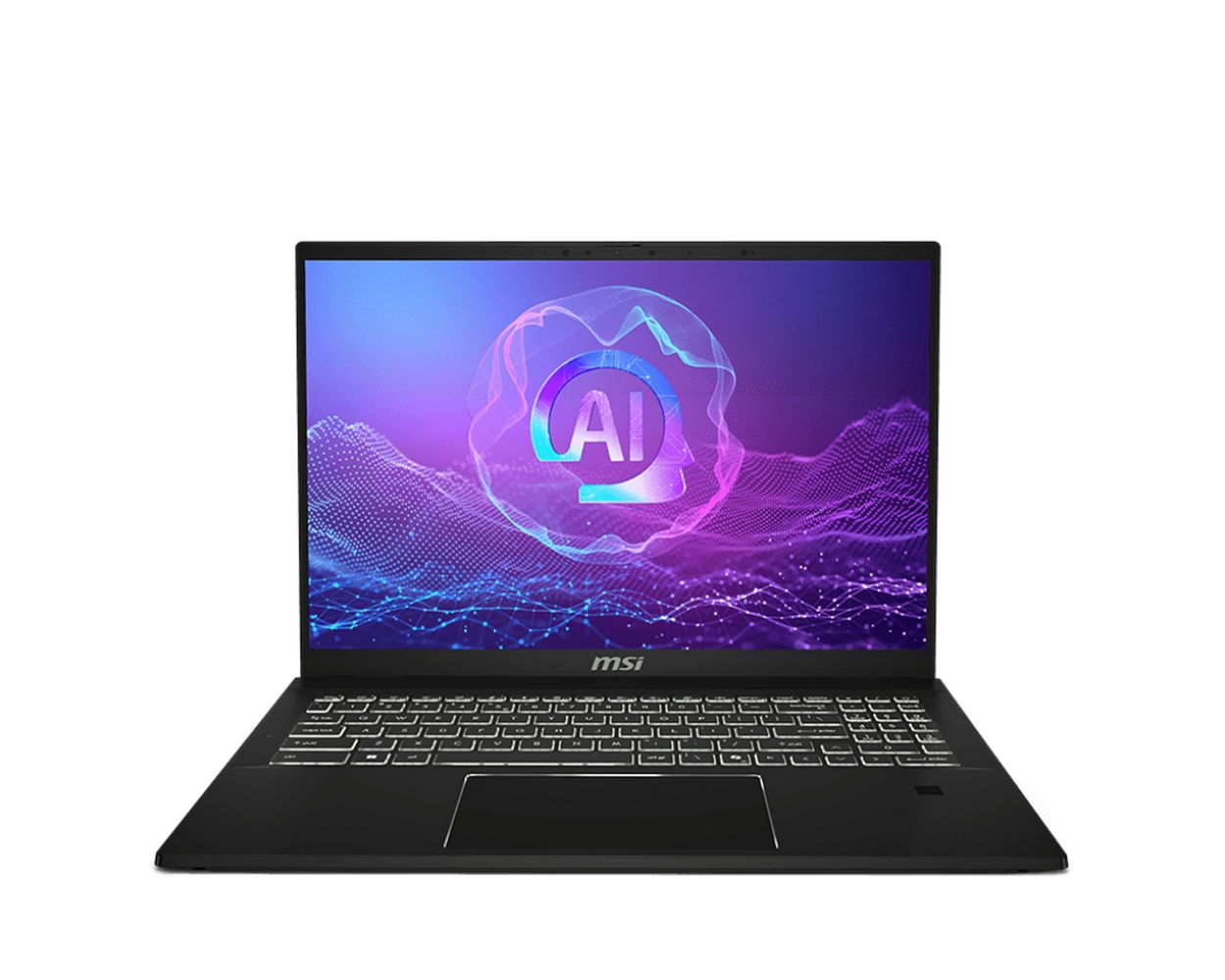 Laptop MSI nero aperto, mostra schermo con grafica AI. Tastiera visibile, tasti bianchi. Sfondo bianco.