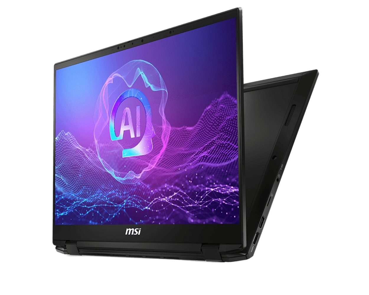 Un laptop MSI nero è leggermente aperto, mostrando uno schermo con una grafica AI. Lo sfondo è bianco.