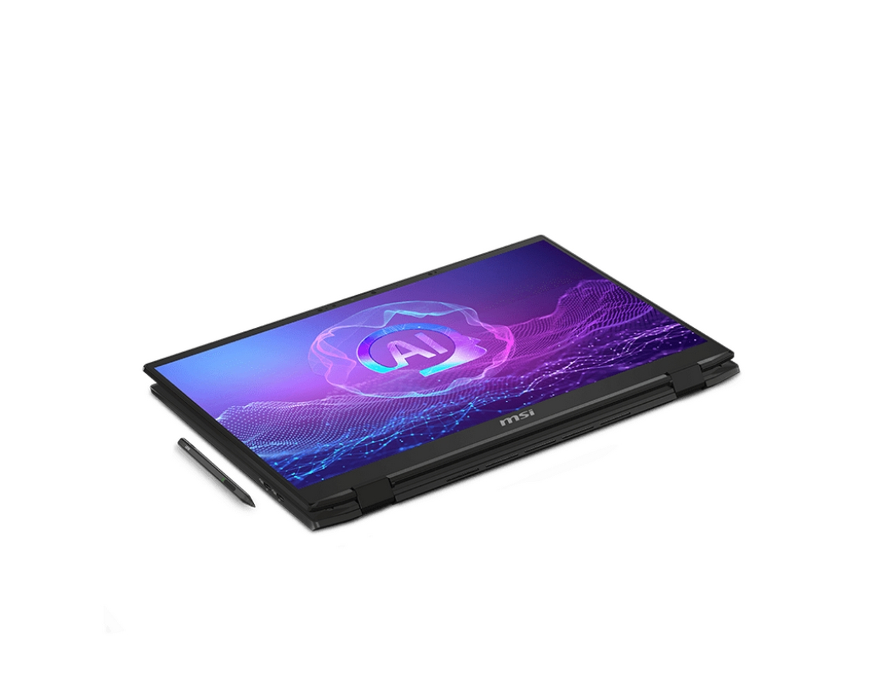 Laptop MSI nero con schermo aperto che mostra una grafica AI. Uno stilo è appoggiato accanto, il tutto su sfondo bianco.