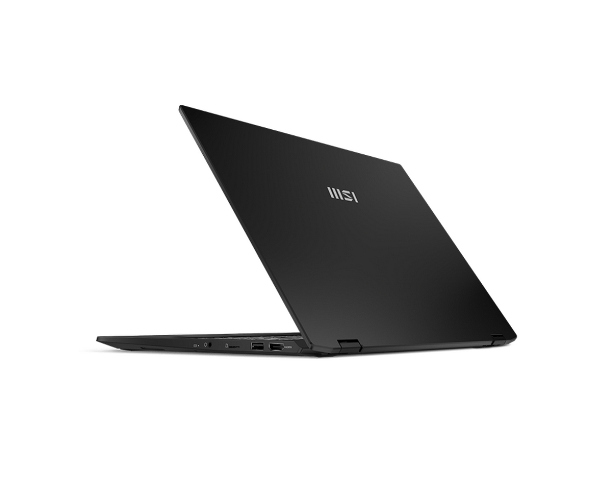 Un laptop nero aperto su sfondo bianco. Lo schermo del laptop è inclinato all'indietro. Il logo MSI è visibile sul coperchio.