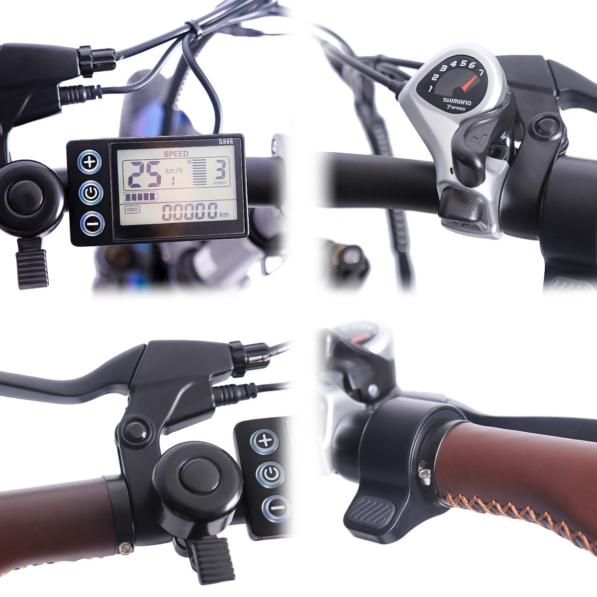 Zbliżenie kierownicy roweru elektrycznego, pokazujące wyświetlacz z prędkością, poziomem wspomagania, licznikiem kilometrów i przyciskami sterowania. Widoczna również: zmiana biegów i brązowe uchwyty.