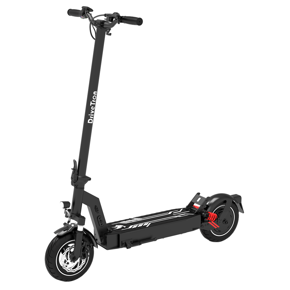 Czarna hulajnoga elektryczna z białymi akcentami, logo DriveTron na kierownicy. Posiada przednie światło, hamulce tarczowe i czerwone zawieszenie.