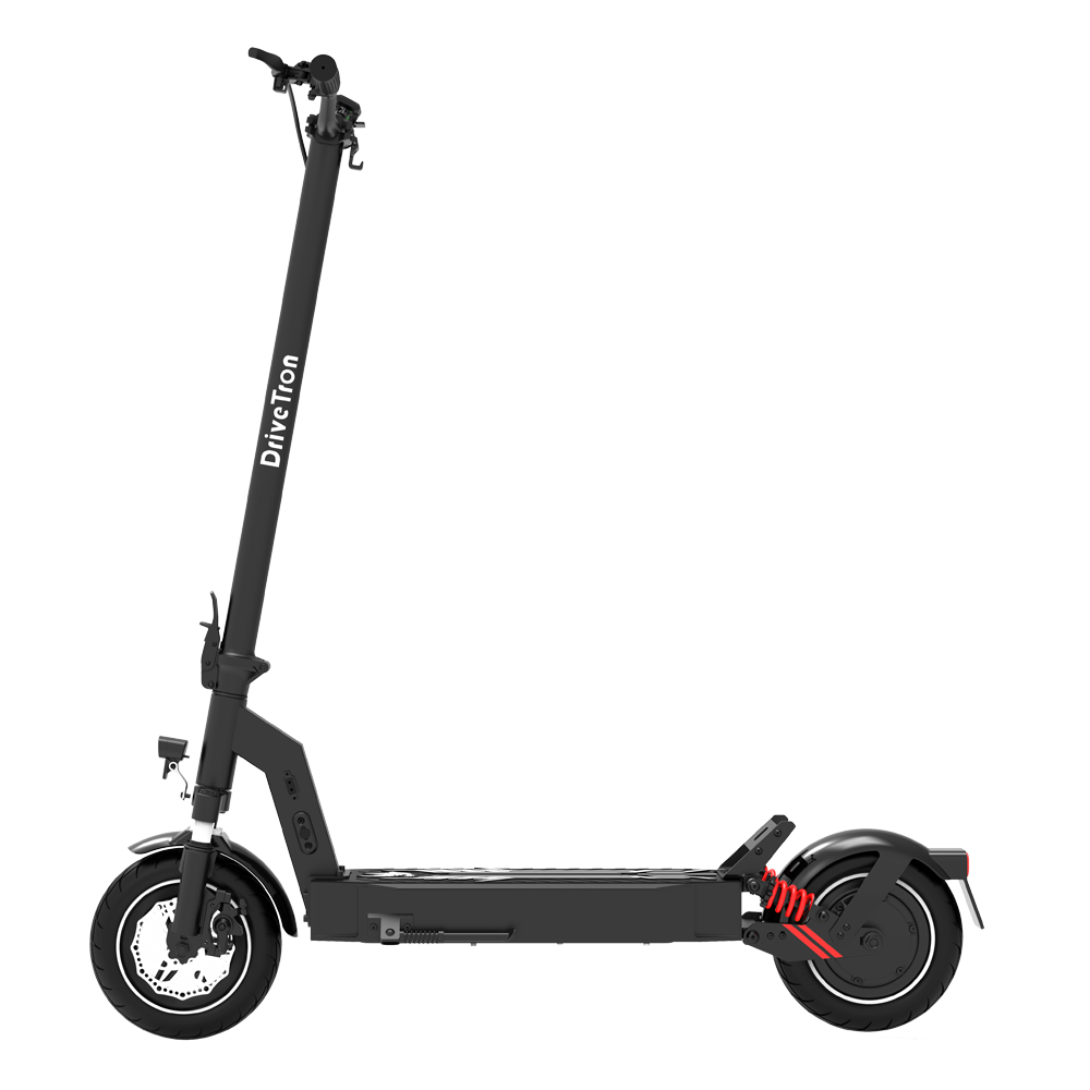 Czarna hulajnoga elektryczna DriveTron na białym tle. Cechy: kierownica, platforma, koła i czerwone zawieszenie.