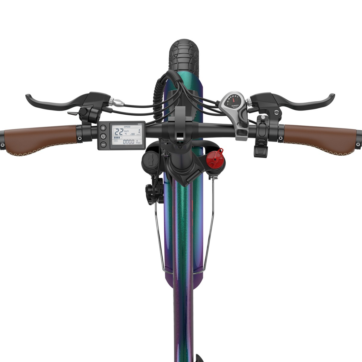 Kierownica hulajnogi elektrycznej. Brązowe uchwyty, czarne dźwignie i cyfrowy wyświetlacz pokazujący prędkość. Iridescentny trzpień.