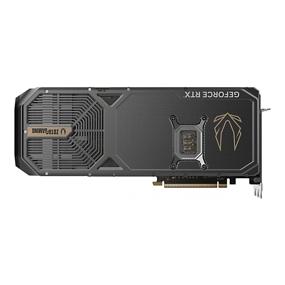 Una tarjeta gráfica ZOTAC GAMING GeForce RTX negra y dorada. Tiene un ventilador, un disipador de calor y los logotipos de ZOTAC y GeForce RTX.