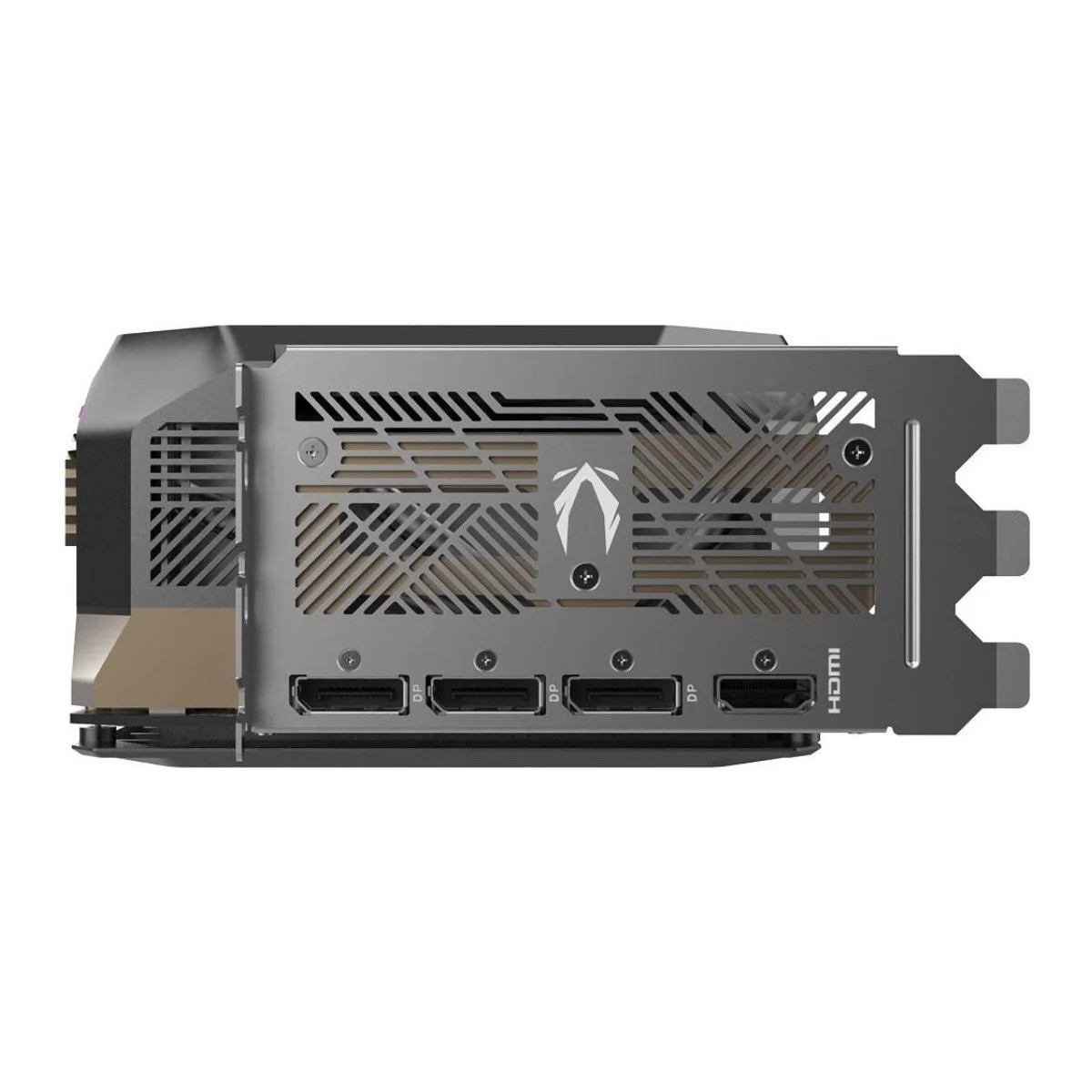 Una tarjeta gráfica con un diseño gris metálico y dorado, con múltiples puertos, incluidos HDMI y DP.