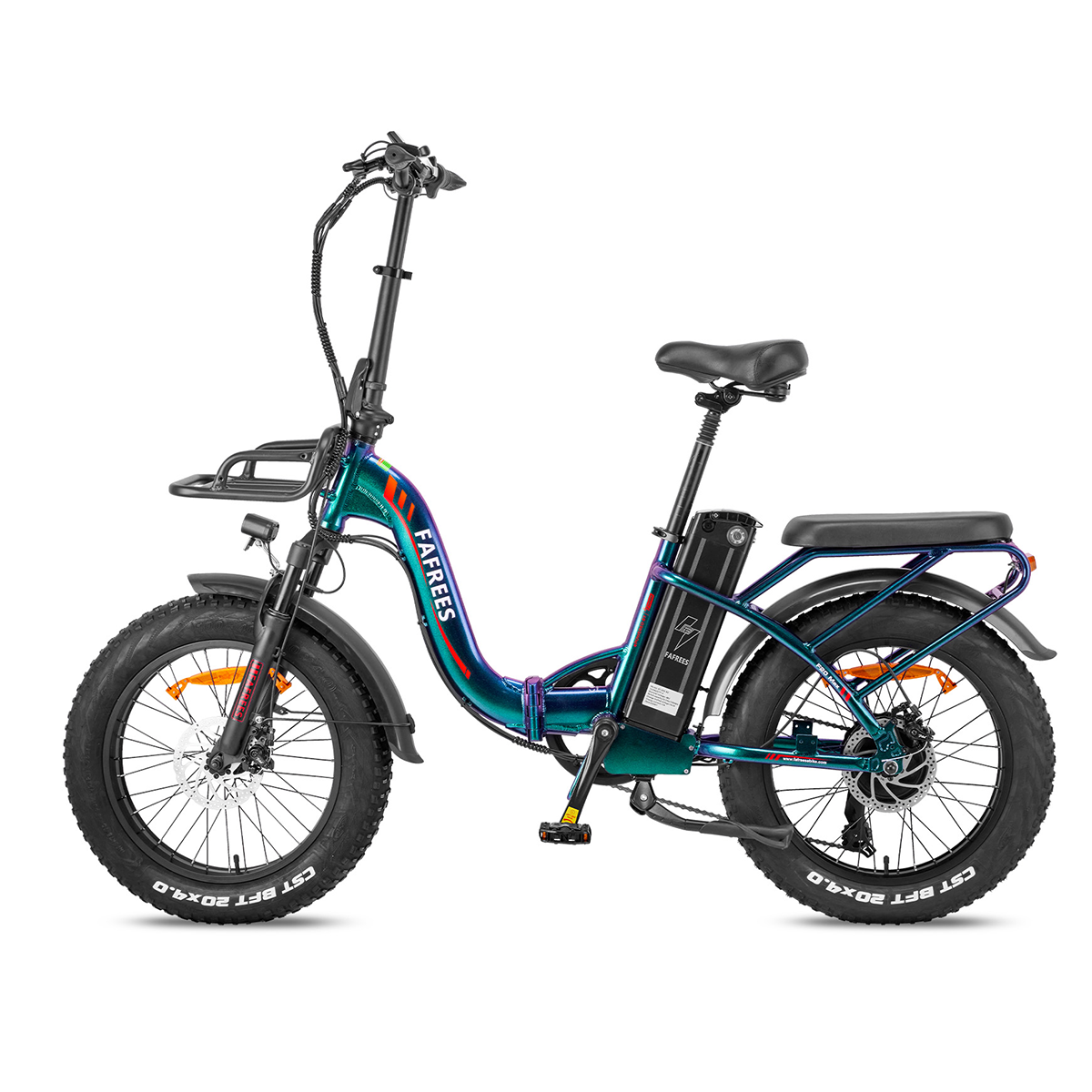 Turkusowo-czarny rower elektryczny FaFrees z grubymi oponami, koszem i akumulatorem. Rower stoi na białym tle.