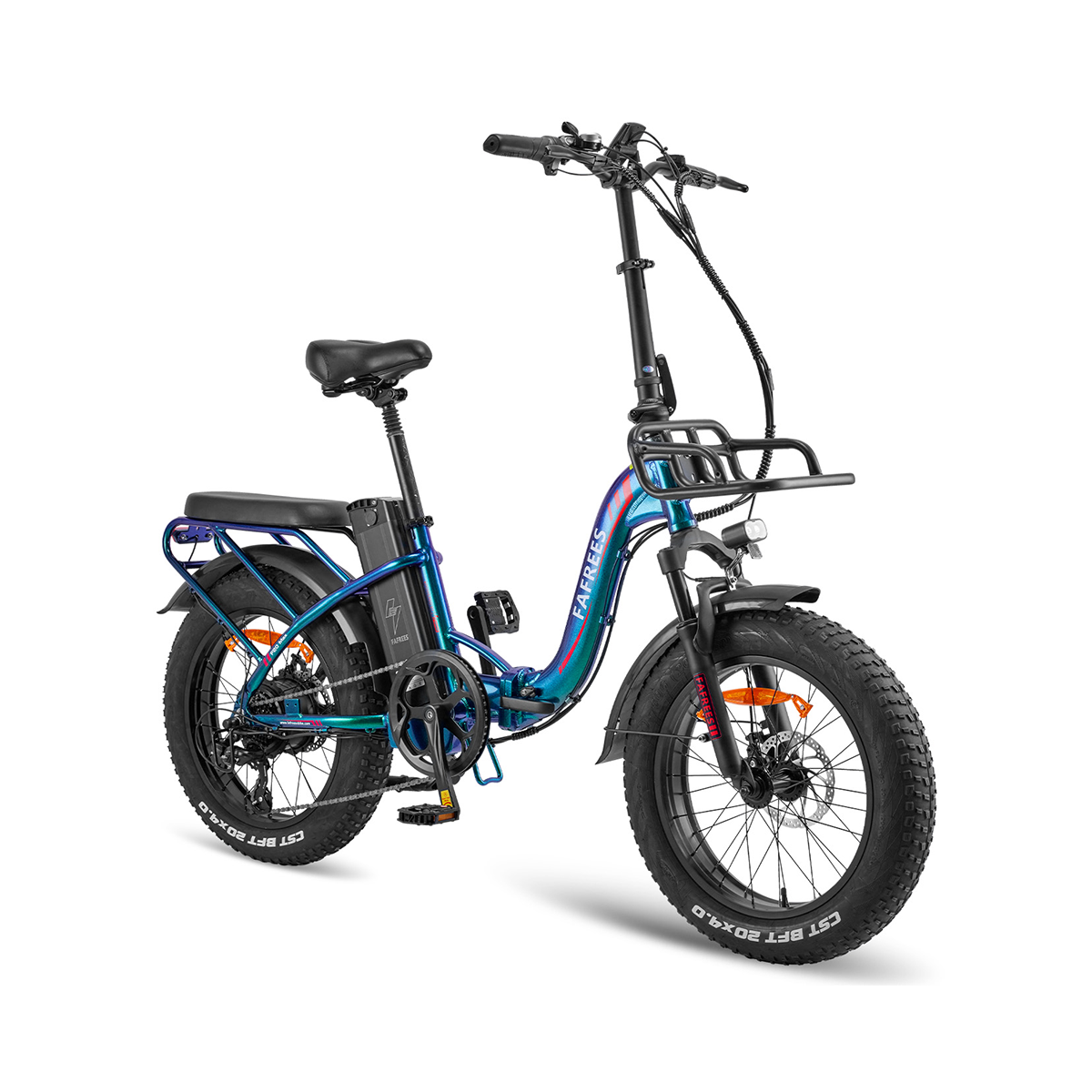 Niebiesko-czarny elektryczny rower składany z dużymi oponami. Ma koszyk i światła. Białe tło.