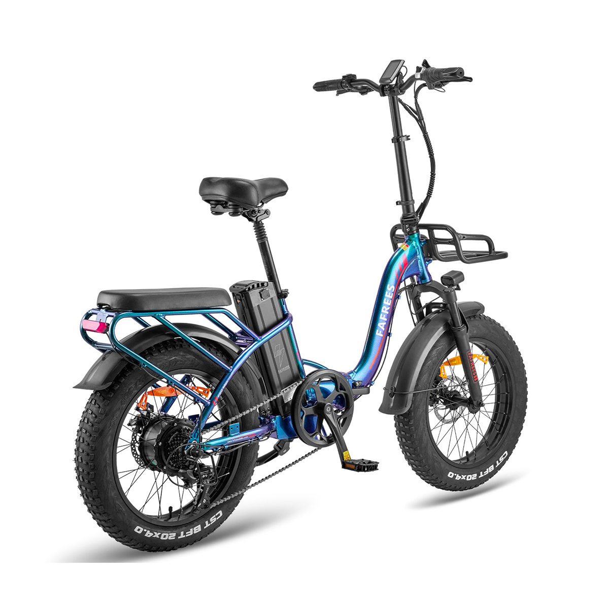 Rower elektryczny z czarnymi oponami i niebieską ramą. Ma czarne siodełko, kierownicę i koszyk. Widoczna jest nazwa marki.