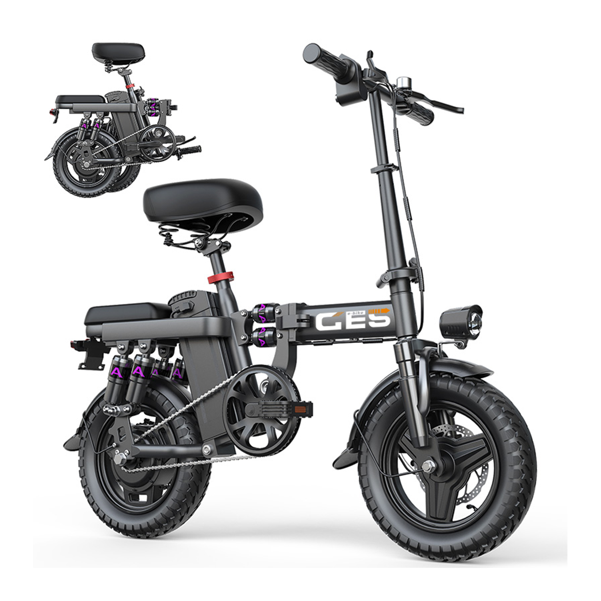 Czarny elektryczny rower składany na białym tle. Zawiera siedzenie, kierownicę i mały reflektor.