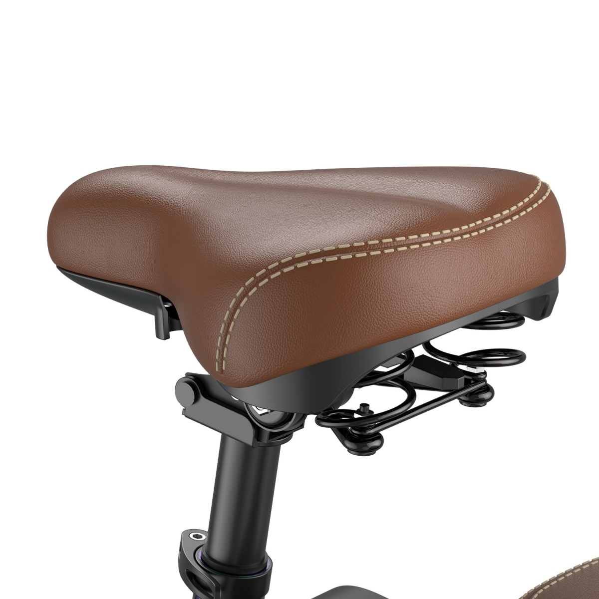 Brązowe skórzane siodełko rowerowe z beżowymi przeszyciami jest przymocowane do czarnej ramy. Sprężyny są widoczne pod siodełkiem.
