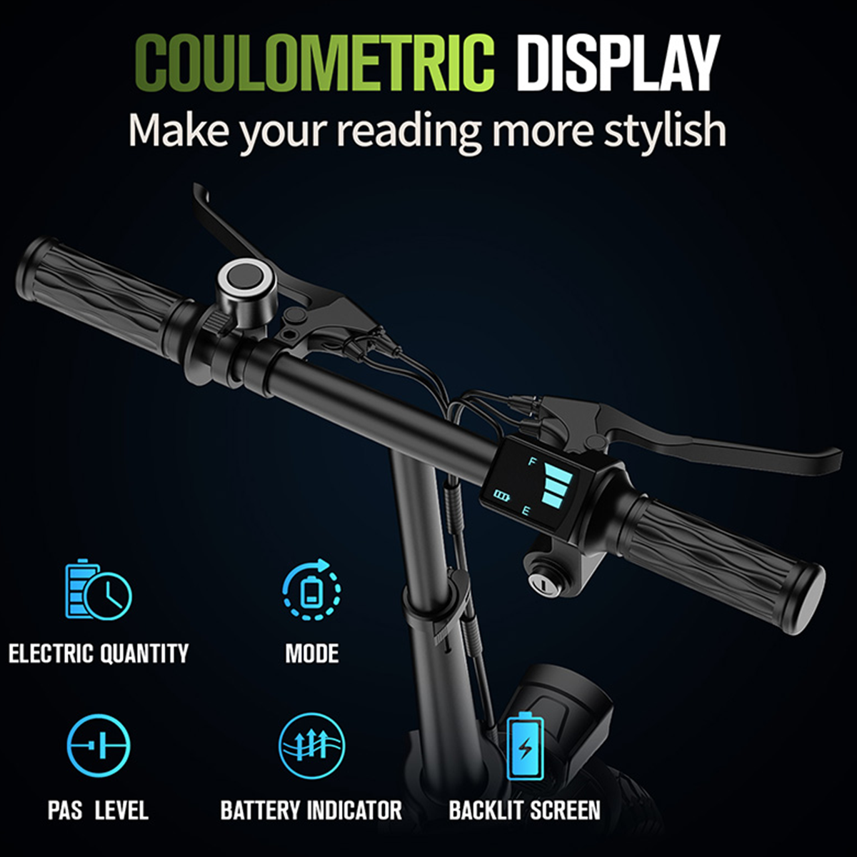 Czarna kierownica z wyświetlaczem pokazującym poziom naładowania baterii, tryb i inne wskaźniki. Tekst: Wyświetlacz kulometryczny, Spraw, aby Twoje czytanie było bardziej stylowe.