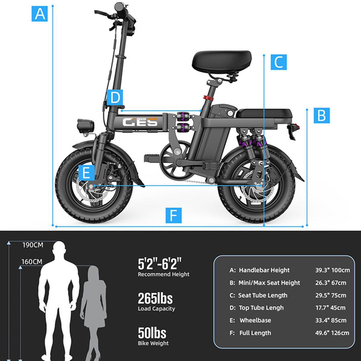 Składany rower elektryczny z oznaczonymi wymiarami. Zawiera specyfikacje wysokości, długości siedziska i wagi, wraz z przewodnikiem po wzroście.
