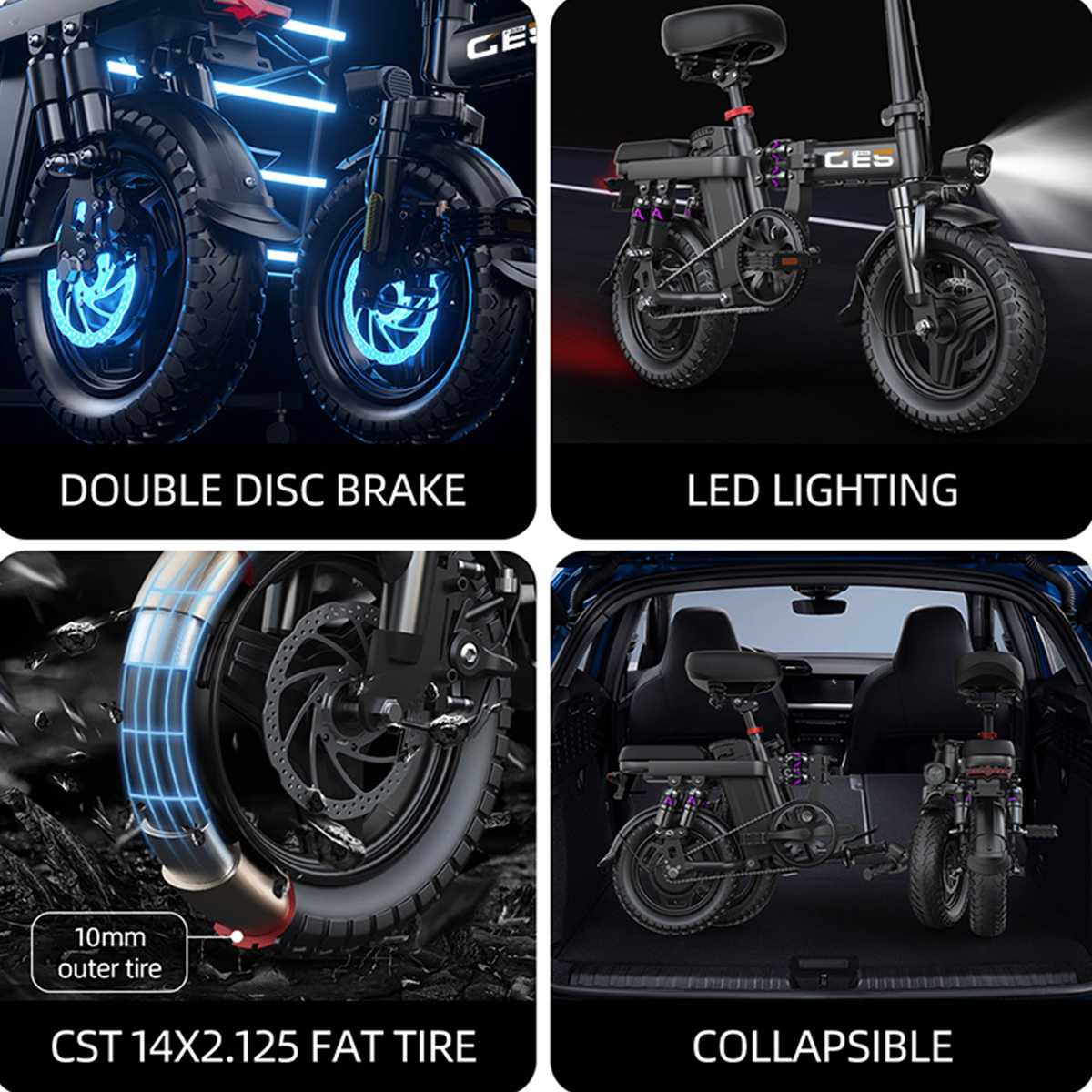 Obrazy prezentują cechy e-roweru: podwójny hamulec tarczowy, oświetlenie LED, szeroka opona i składana konstrukcja dla łatwego transportu.