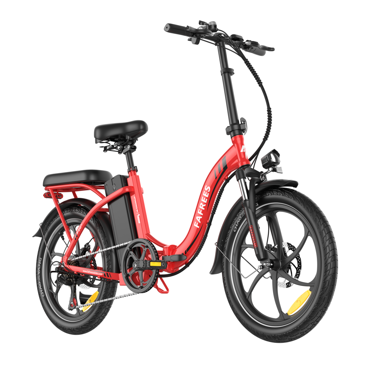 Czerwony składany rower elektryczny FAFREES na czarnym tle. Ma czarne opony, siedzenie i baterię. Widoczne jest logo.