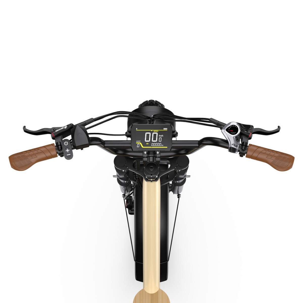 Widok z góry na hulajnogę elektryczną. Ma brązową kierownicę, cyfrowy wyświetlacz pokazujący prędkość i jasną drewnianą ramę.