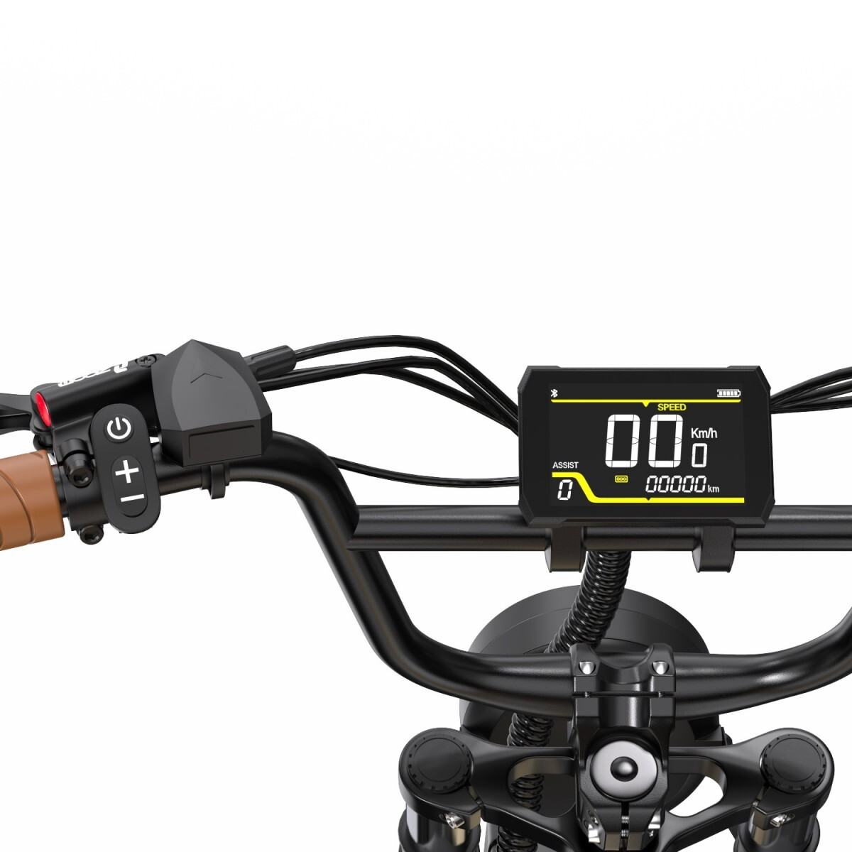 Zbliżenie kierownicy roweru. Wyświetlacz pokazuje 0 km/h. Czarne kierownice, brązowy uchwyt i widoczne różne elementy sterujące.