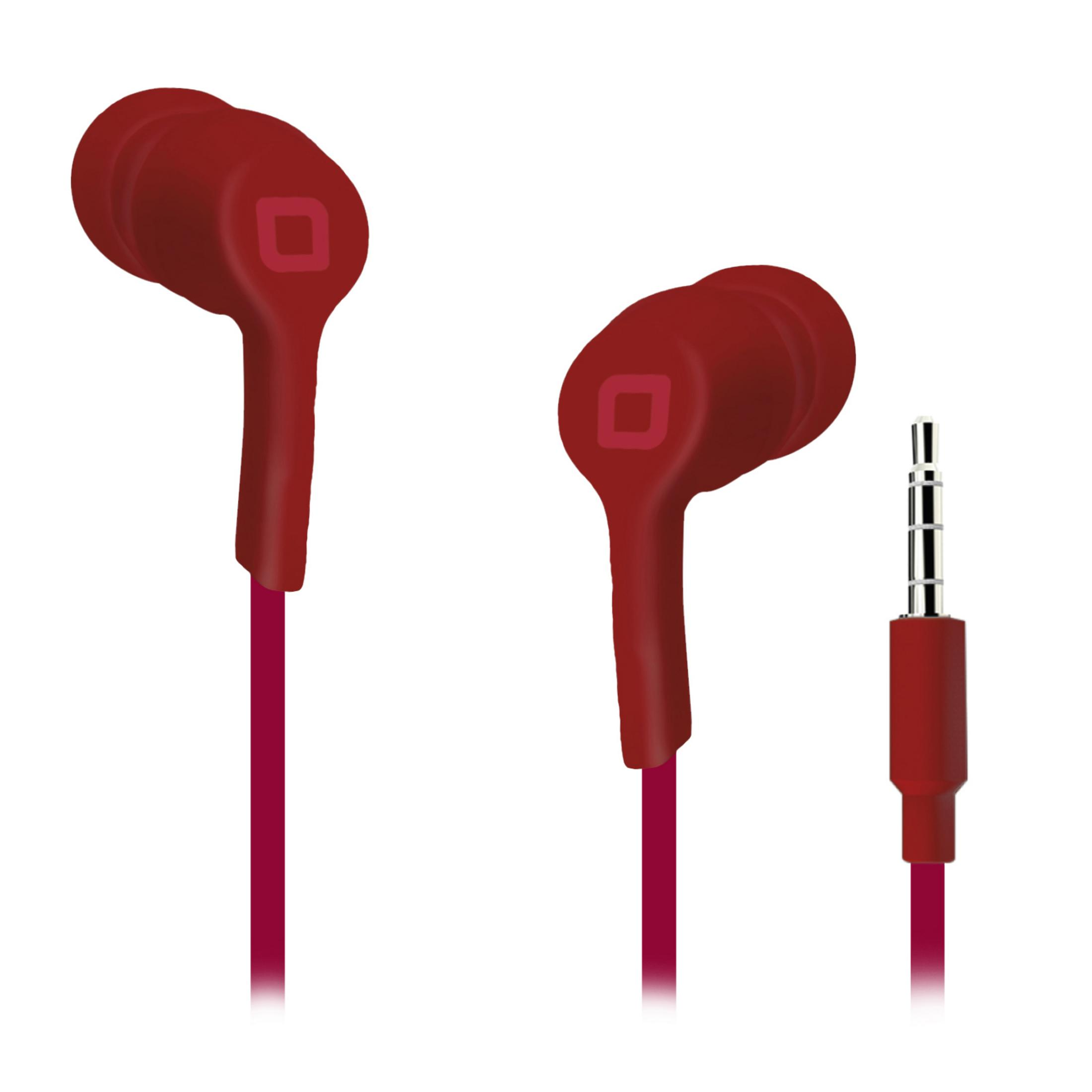 Rote Ohrhörer mit Klinke. Zwei Ohrhörer und ein Stecker sind sichtbar. Weißer Hintergrund.