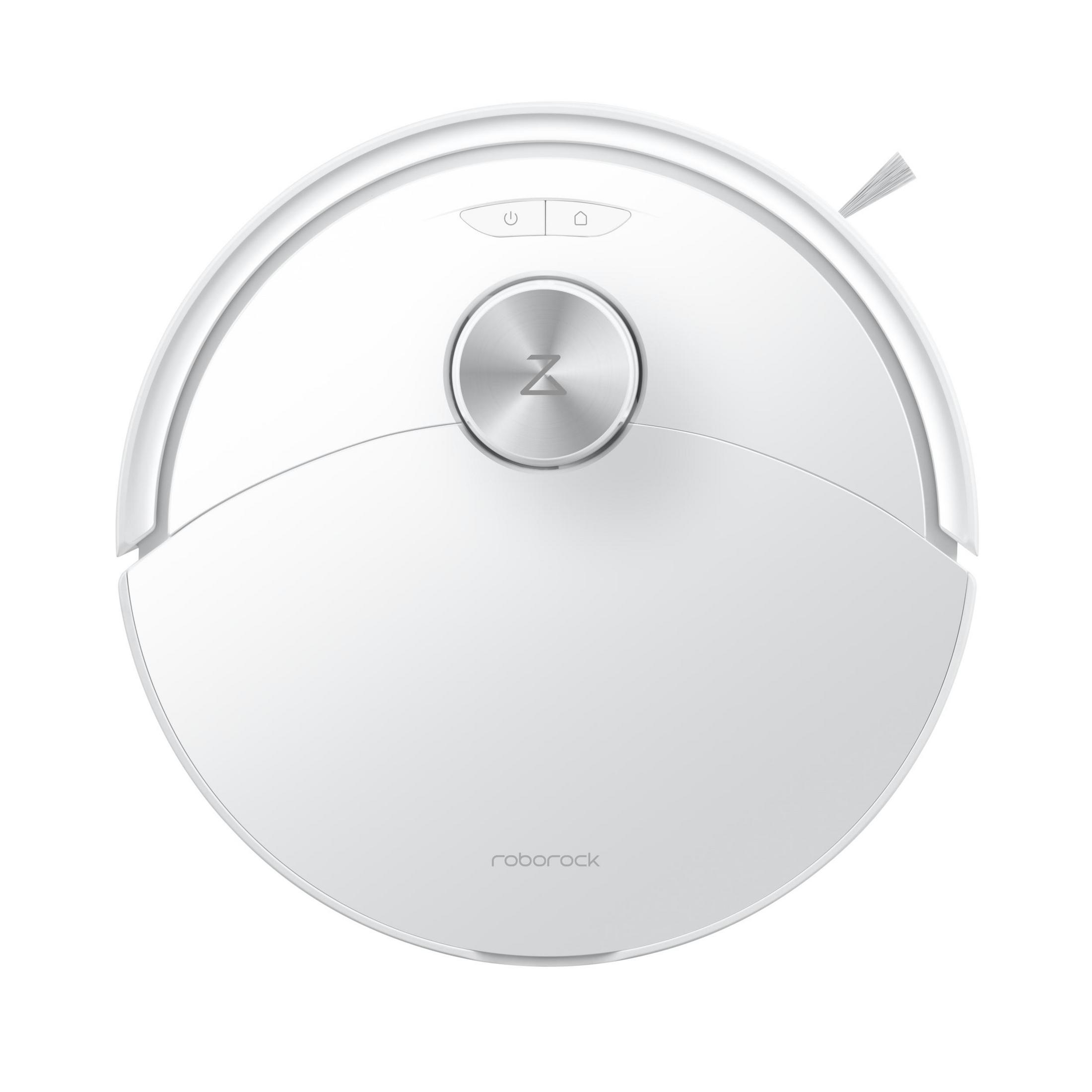 Witte ronde robotstofzuiger met knoppen en een centrale metalen sectie, een borstel en het 'roborock' logo.