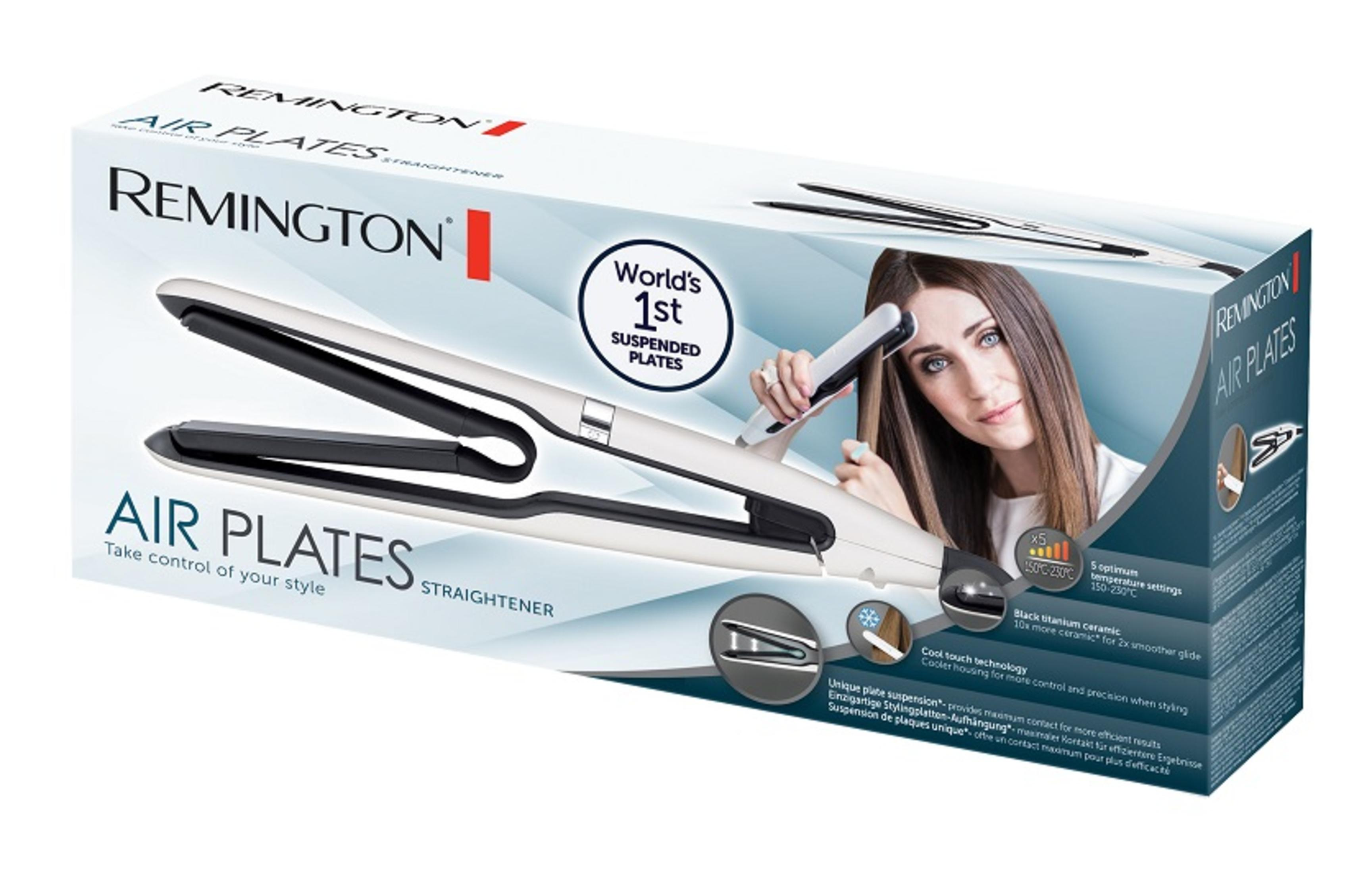 Schachtel mit Remington Air Plates Glätteisen. Frau benutzt es. Weißes und schwarzes Gerät, mit Text und Grafiken.