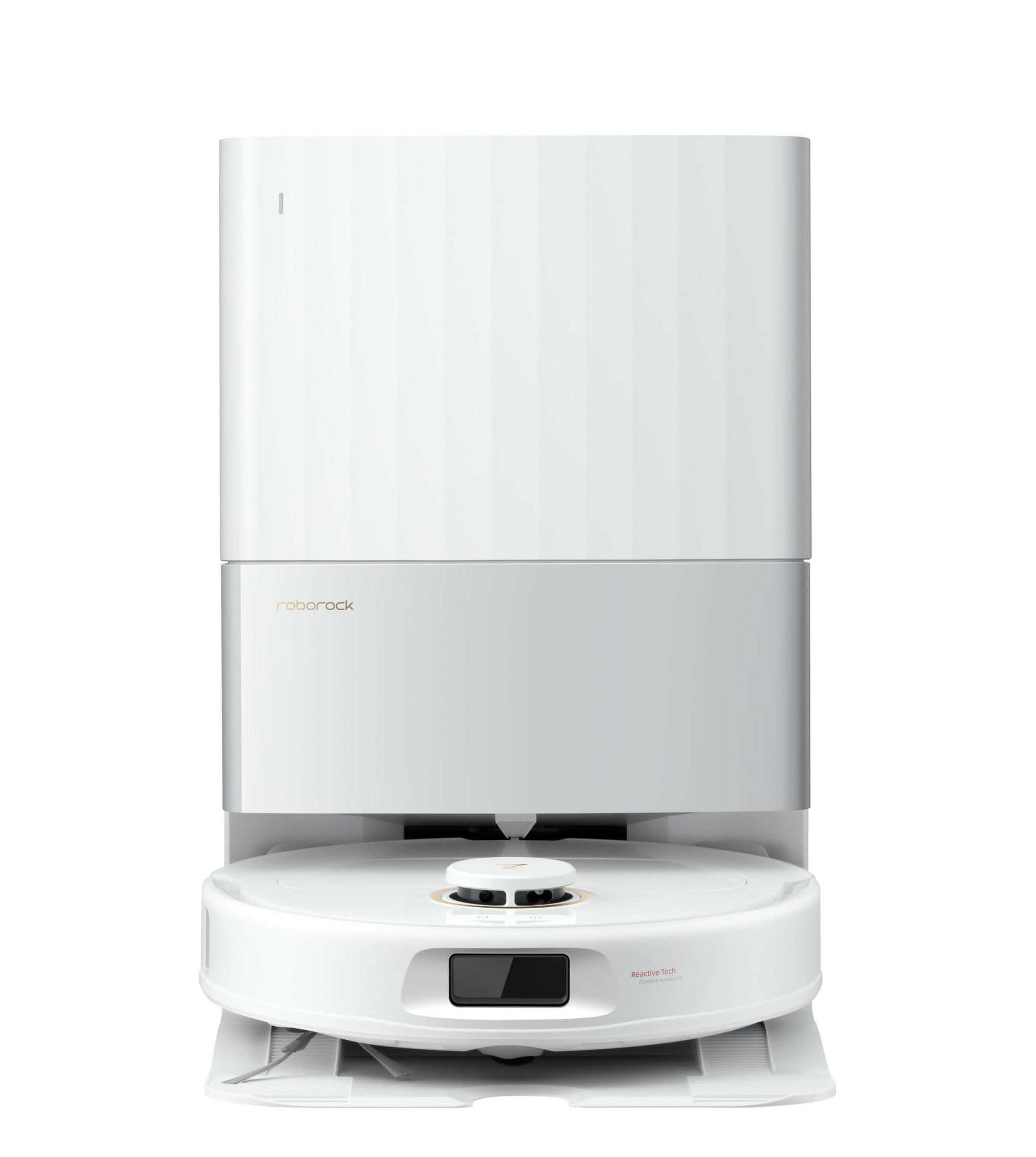 Biały robot odkurzający Roborock i stacja dokująca. Odkurzacz jest okrągły, stacja dokująca prostokątna. Posiada Reactive Tech.