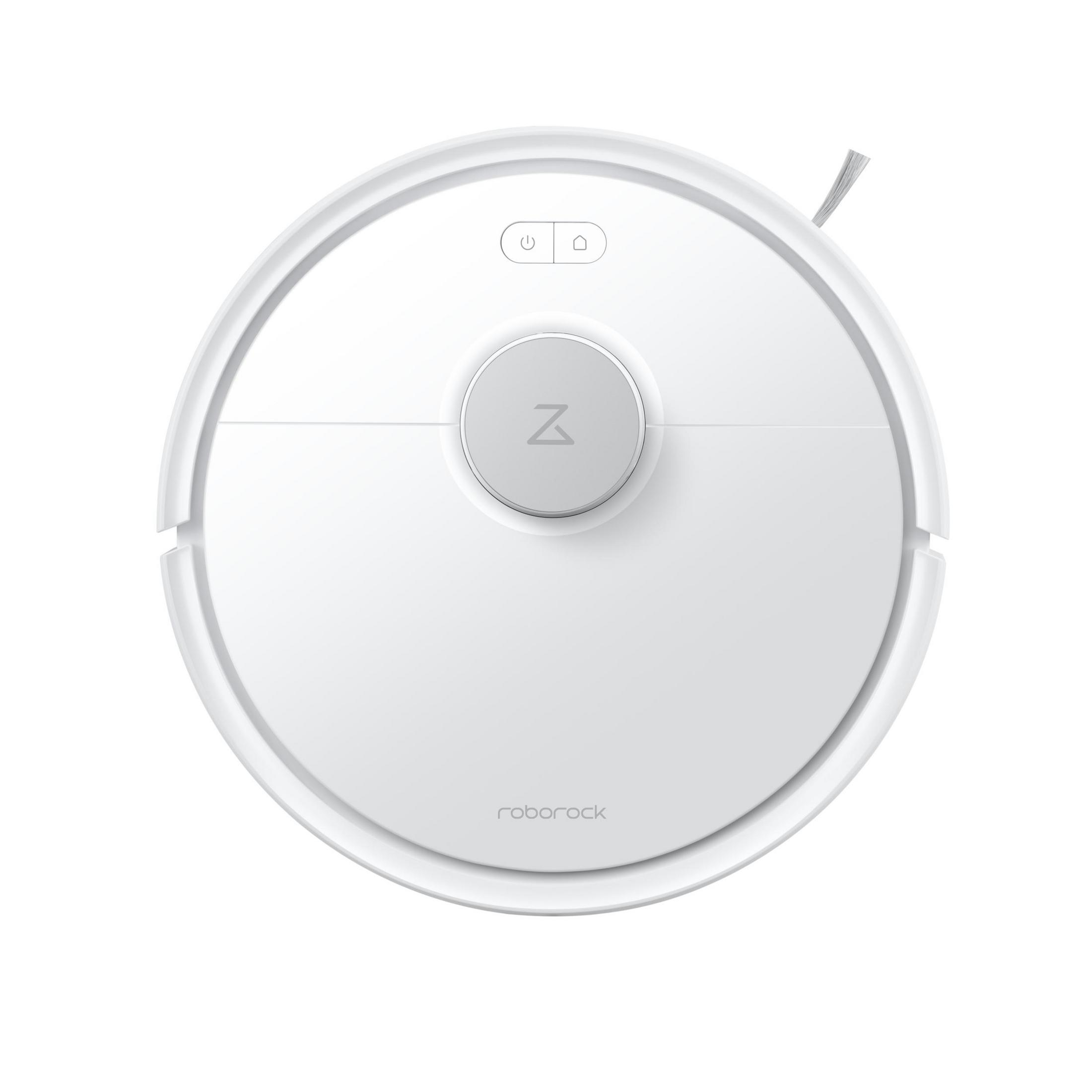 Aspirateur robot rond blanc. Il possède des boutons, un logo central et la marque 'roborock'. Isolé sur fond blanc.