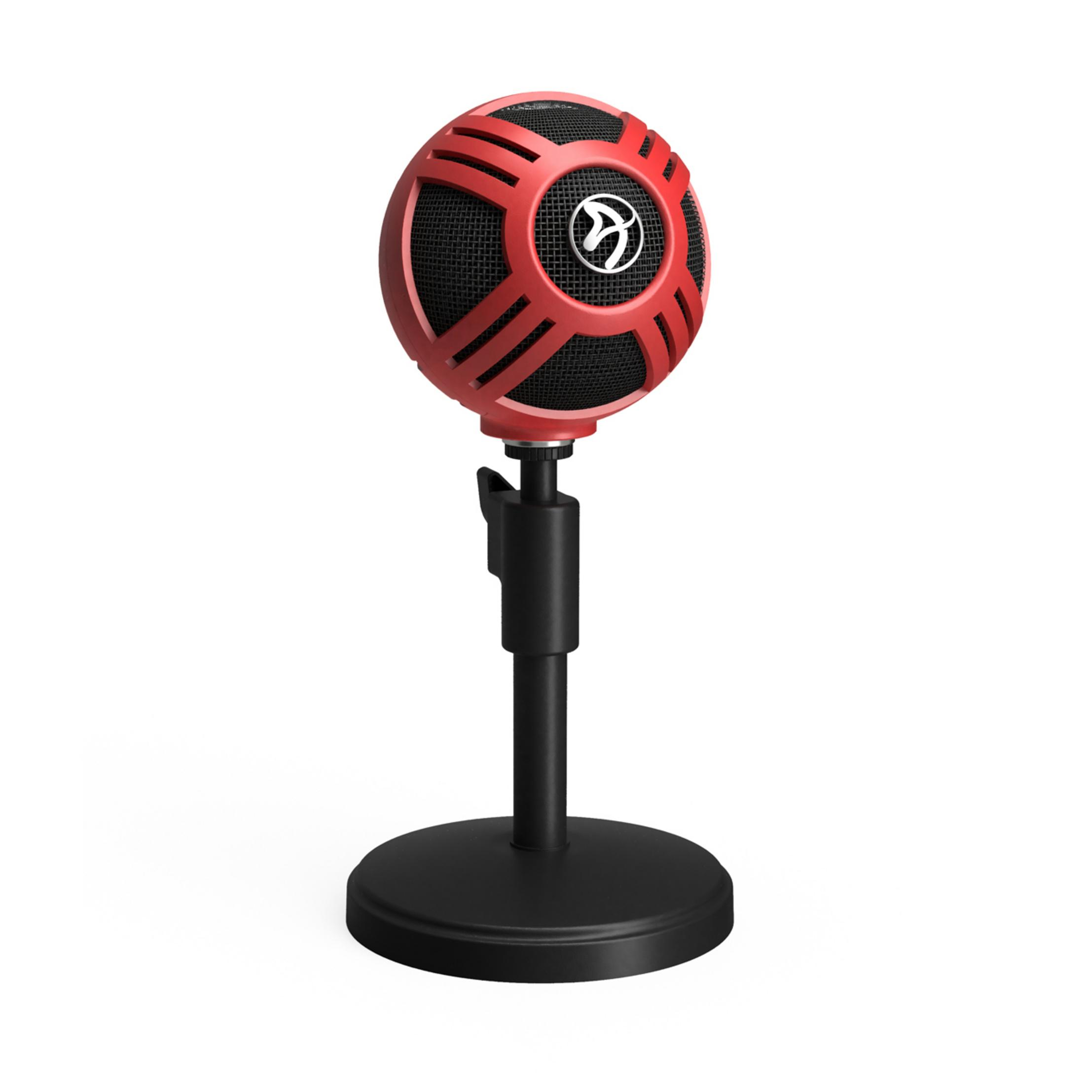 Een rode en zwarte microfoon op een standaard, met een ronde kop en een zwarte basis.