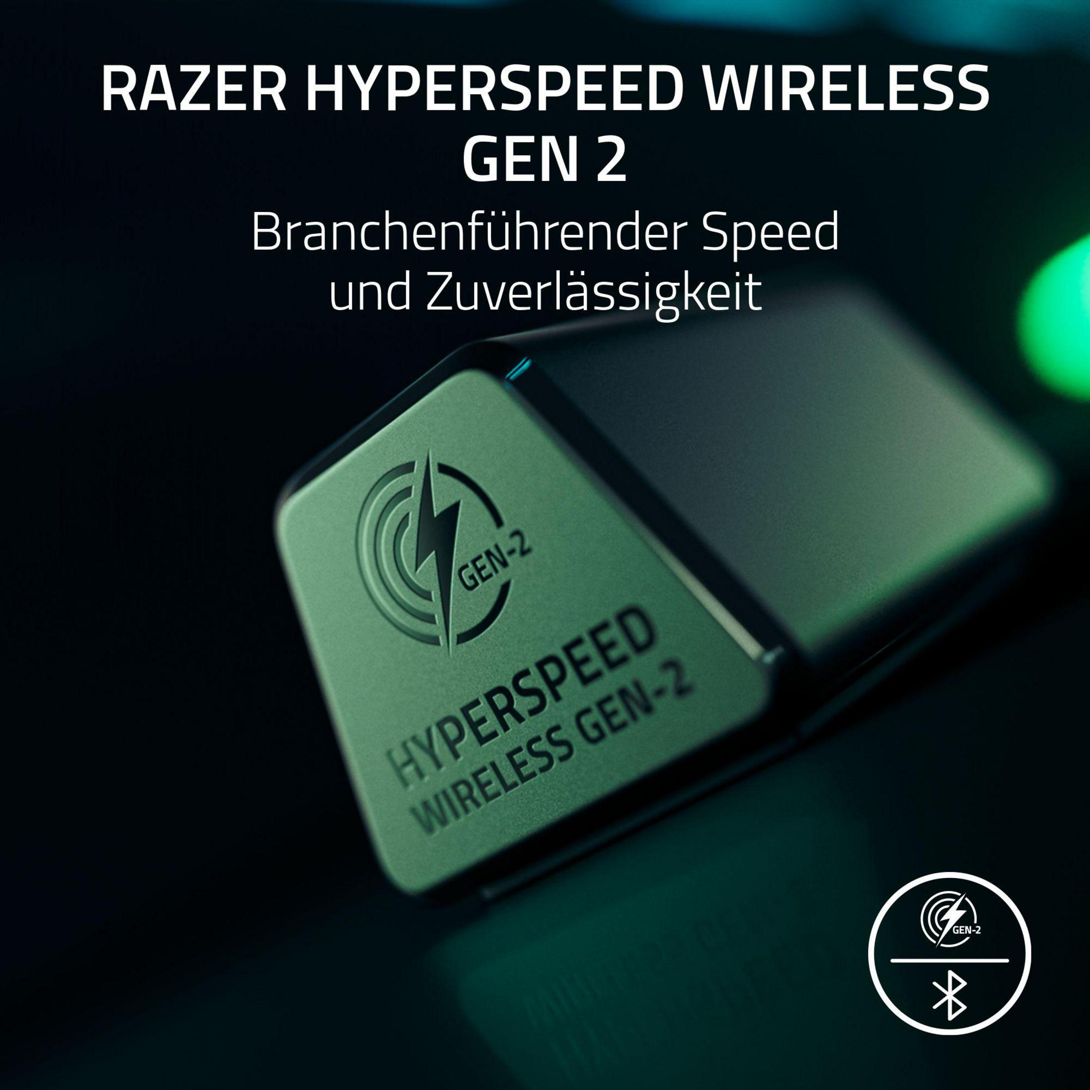 Zbliżenie czarnego urządzenia Razer HyperSpeed Wireless Gen 2. Tekst brzmi: Razer, HyperSpeed Wireless, Gen 2.