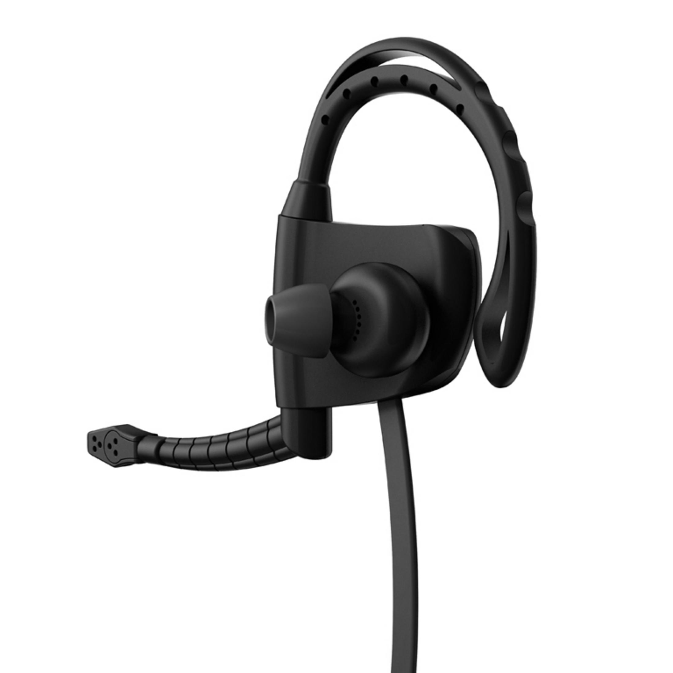 Schwarzer Sport-Ohrhörer mit flexiblem Mikrofonarm. Der Kopfhörer hat einen Haken und ein Kabel.