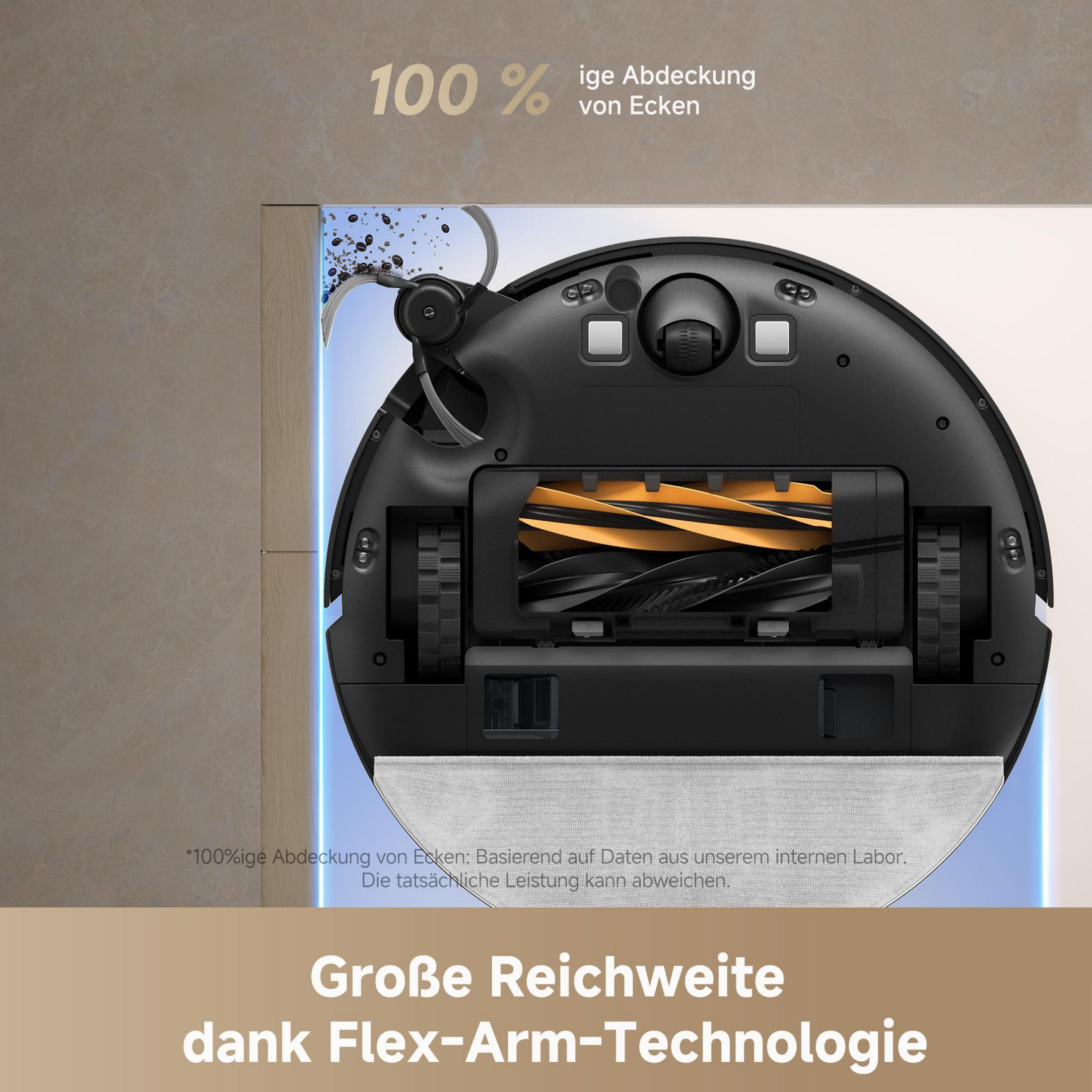 Pokazano robota sprzątającego, podkreślając jego design i funkcje. Tekst: 100% pokrycia, duży zasięg dzięki technologii Flex-Arm.