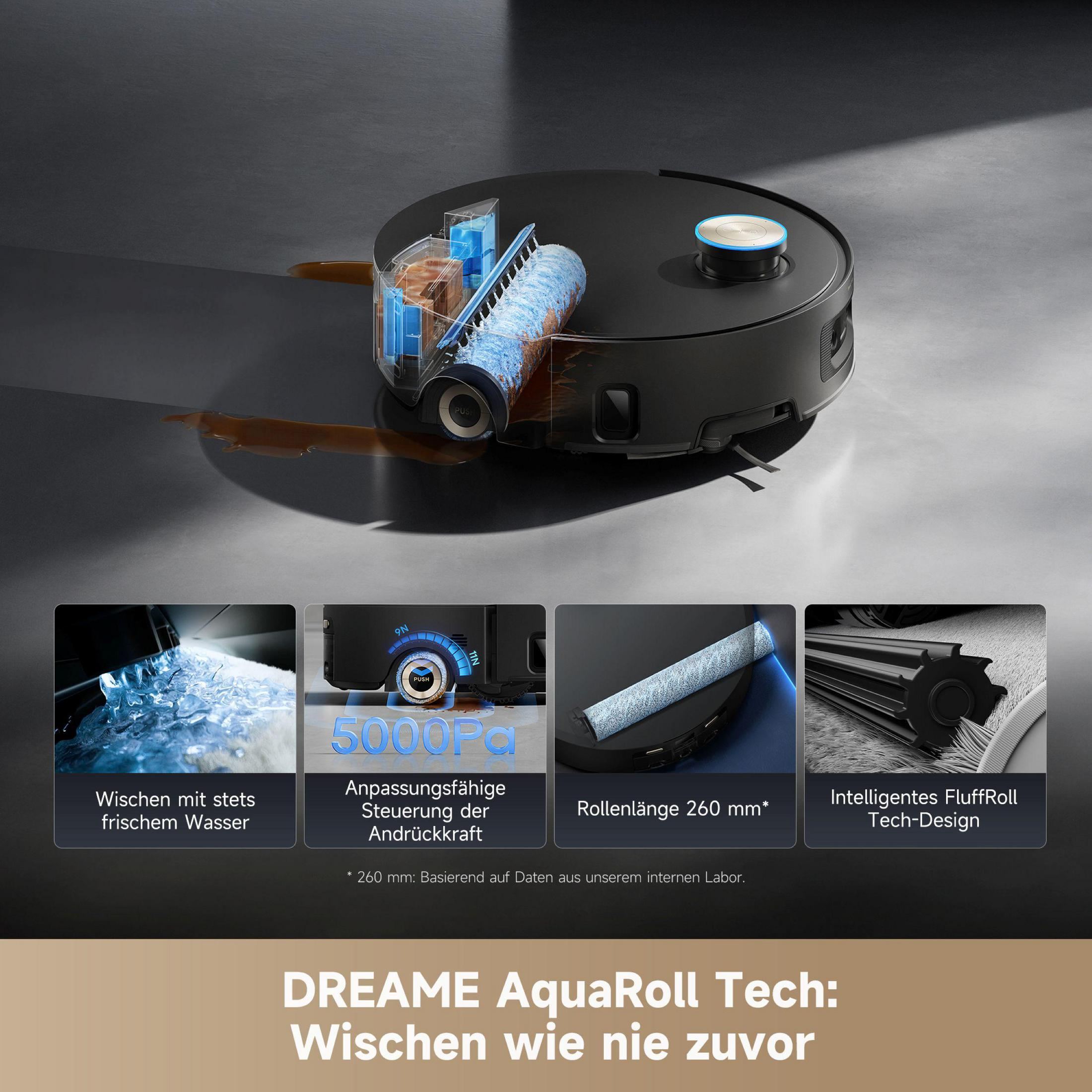 Czarny odkurzacz robot z wycięciem pokazującym wodę i wałek. Ikony wskazują cechy, takie jak świeża woda, 5000Pa i wałek 260 mm.
