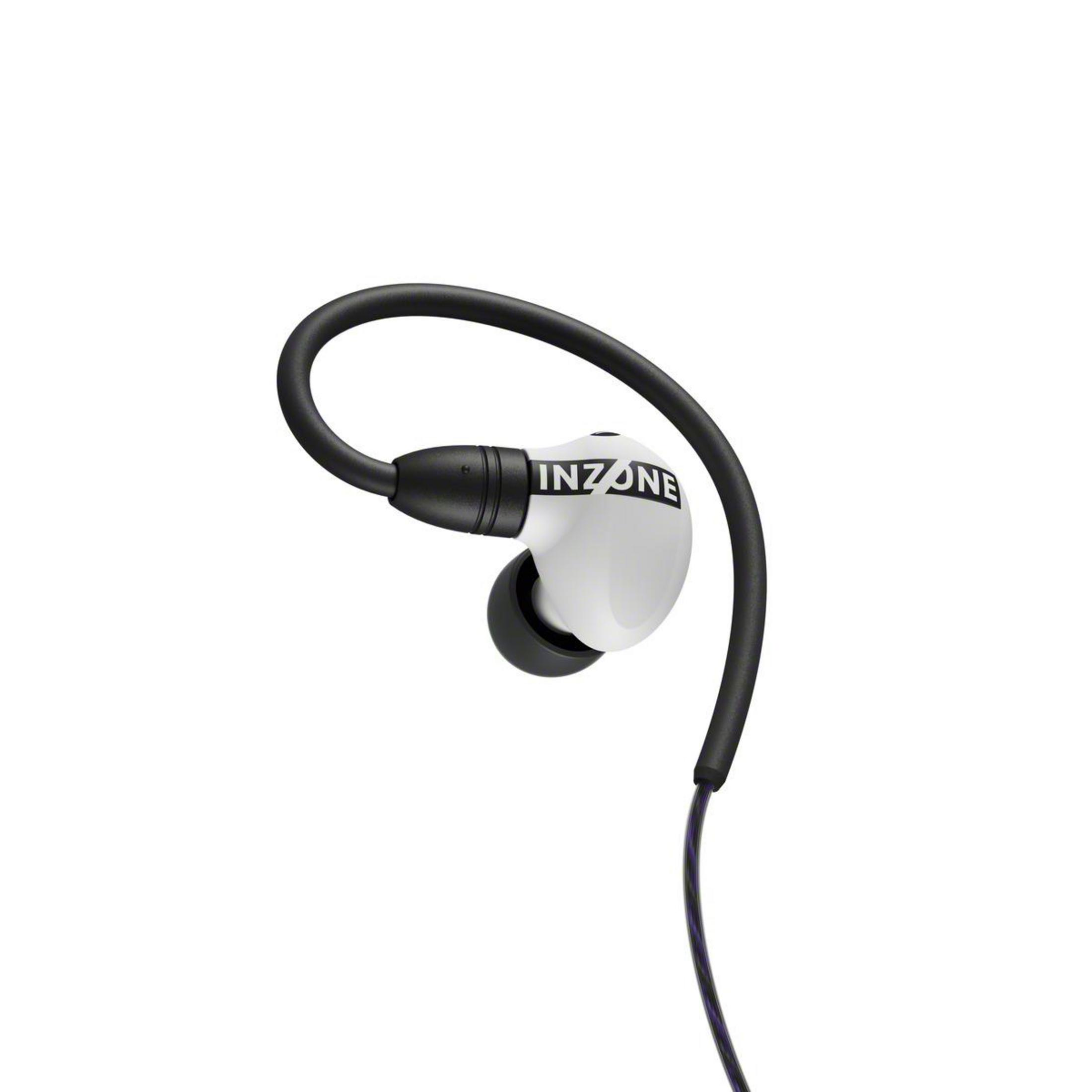Auricolari INZONE bianchi e neri con filo e archetto neri. Lo sfondo è bianco.