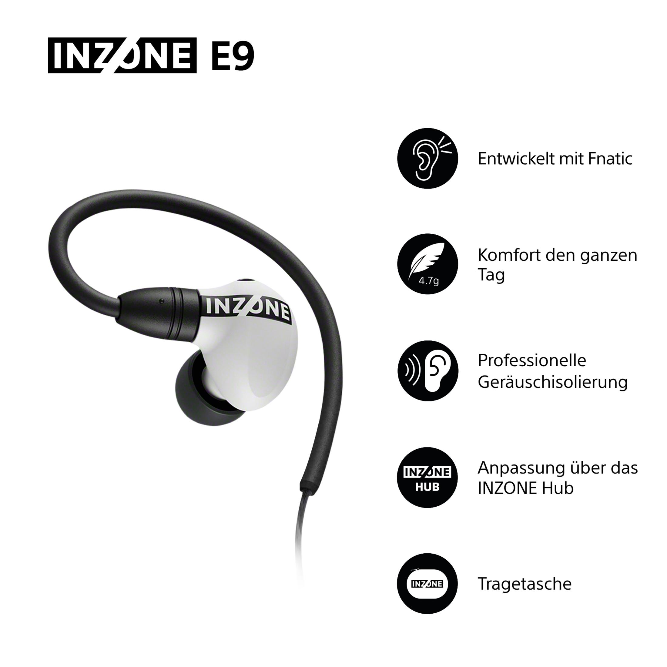 Un'immagine mostra un auricolare INZONE E9 bianco e nero. Il testo evidenzia le caratteristiche: Fnatic, 4,7 g, comfort, isolamento acustico, INZONE hub e una custodia.