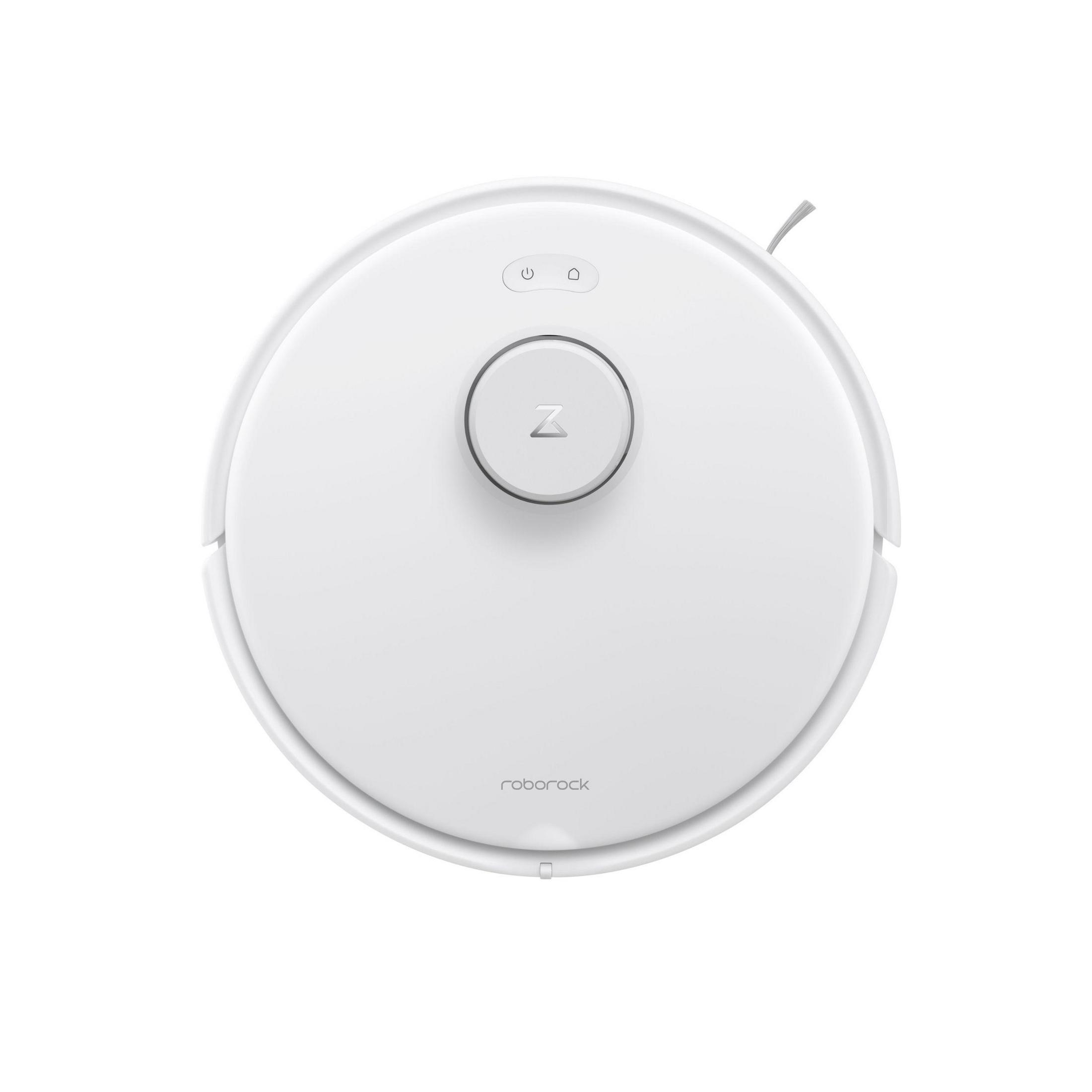 Biały, okrągły odkurzacz automatyczny. Ma przyciski i centralne logo. Widoczna jest nazwa marki Roborock.