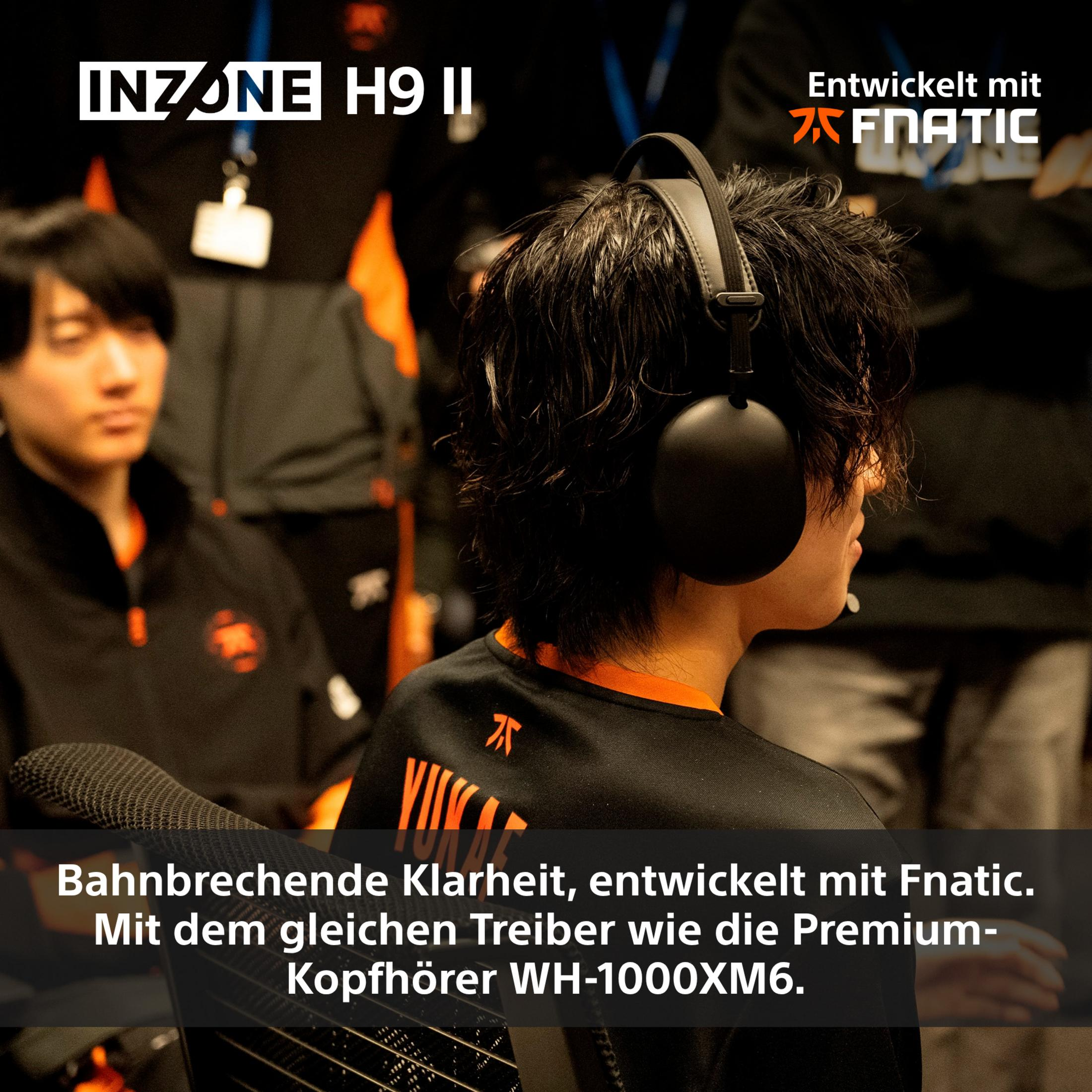 Une personne portant un casque noir. L'image montre INZONE H9 II et le logo Fnatic. Le texte dit : Développé avec Fnatic.
