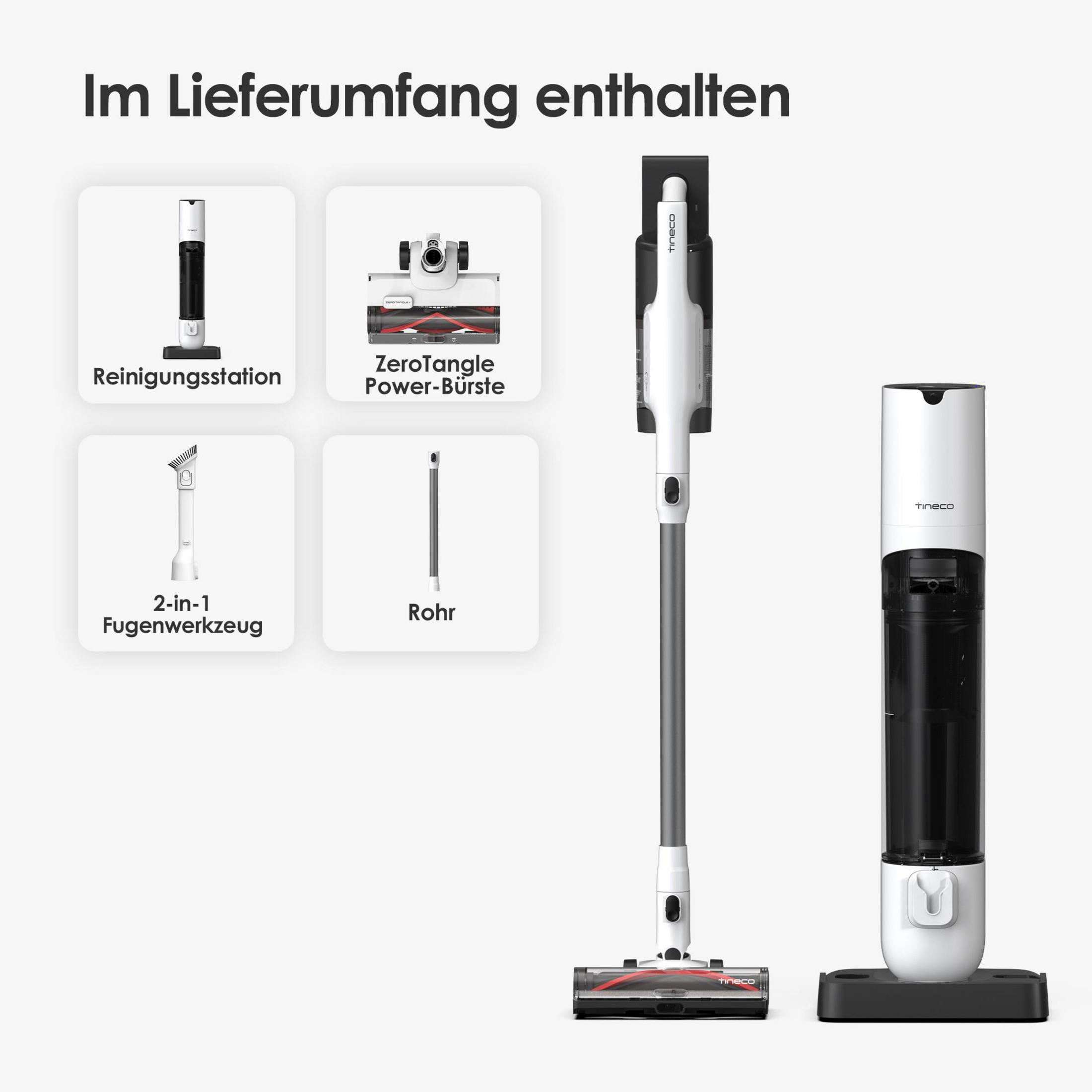 Obraz przedstawia części odkurzacza: stację czyszczącą, szczotkę, ssawkę szczelinową, rurę i sam odkurzacz. Wszystko jest biało-czarne.