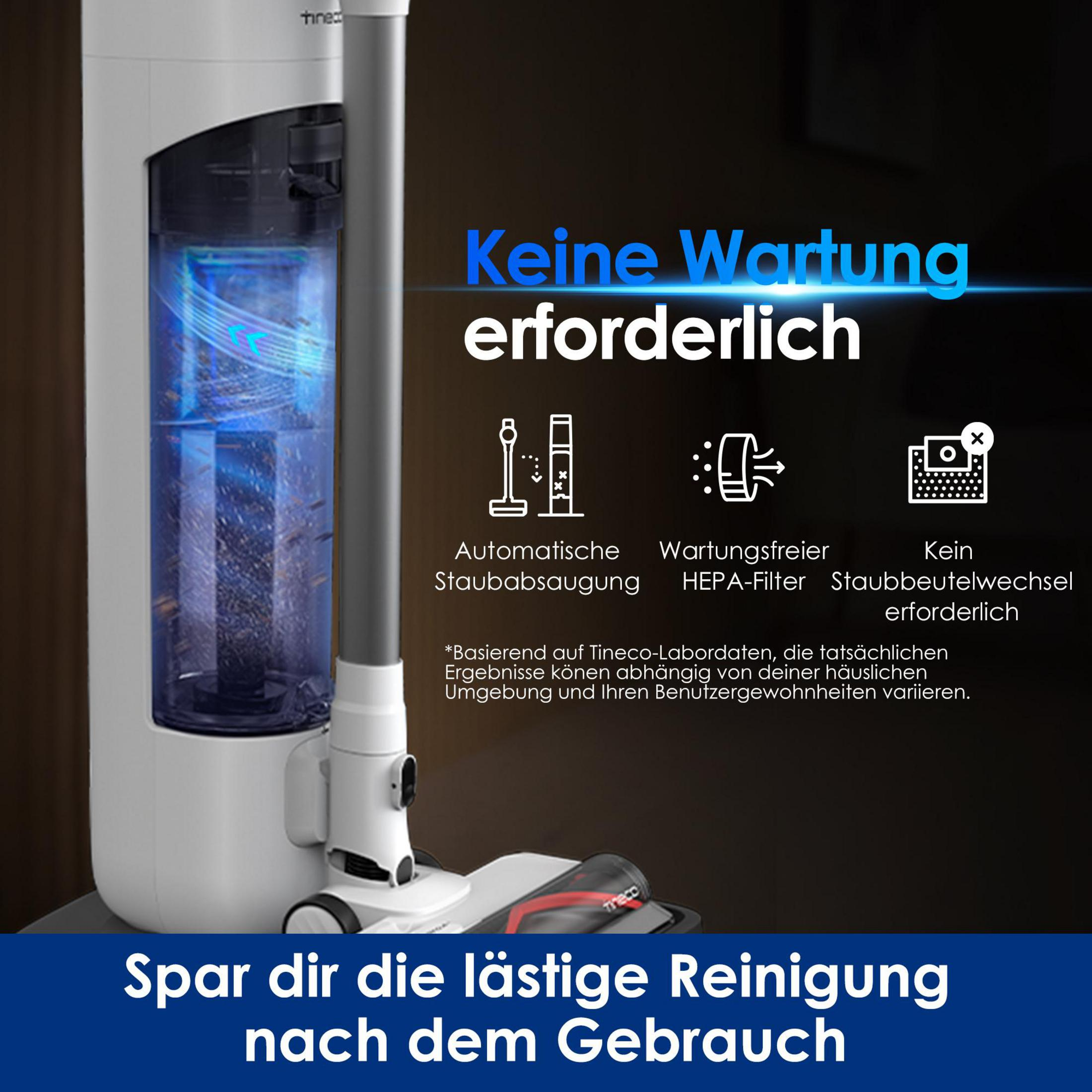 Biało-szary odkurzacz z niebieskim zbiornikiem na wodę. Tekst: 'Nie wymaga konserwacji' z ikonami.